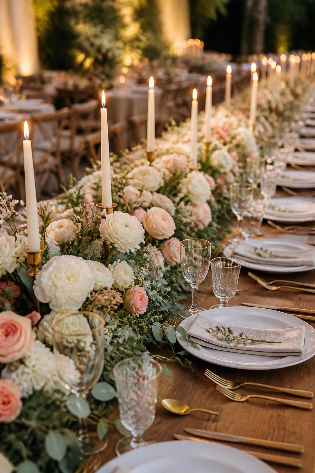 Image Prompt:
A professional editorial wedding reception photo showing a long rectangle wedding table styled with a lush floral runner running down the full center of the table. Use blush roses, ivory ranunculus, white peonies, soft peach blooms, eucalyptus, and delicate greenery. Add ivory taper candles in gold holders, white plates, gold flatware, crystal glasses, folded linen napkins, and warm romantic lighting. Elegant garden or indoor wedding reception setting, no visible faces, no full people, table-focused composition, realistic DSLR wedding photography, no text, no watermark, (no watermarks on images)