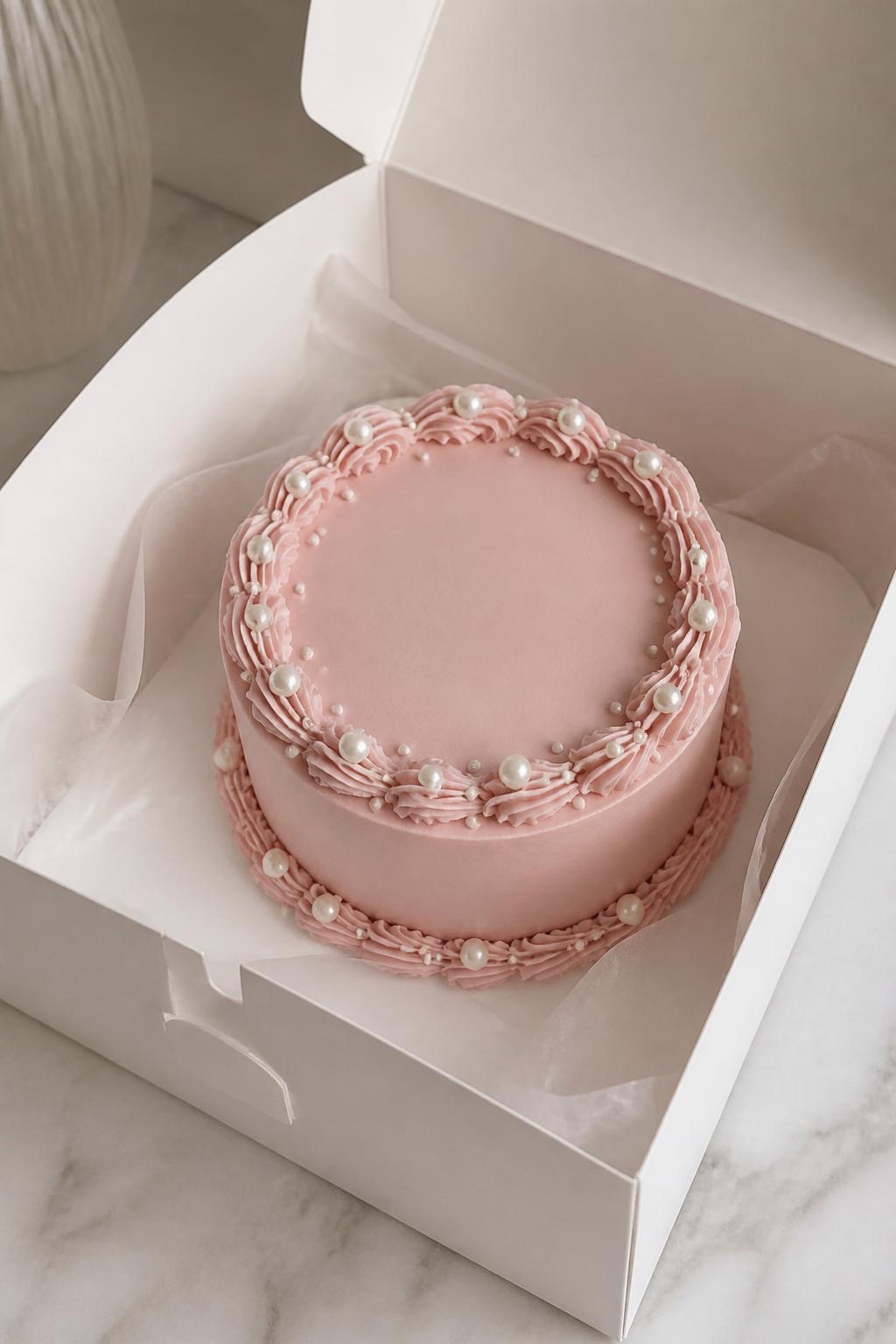 A beautiful pink pearl bento cake inside a white cake box, smooth dusty pink frosting, tiny edible pearl accents placed neatly around the top edge, elegant piped border, soft luxury bakery styling, clean backdrop, realistic editorial dessert photography, no people, no hands, no faces, no watermarks on images