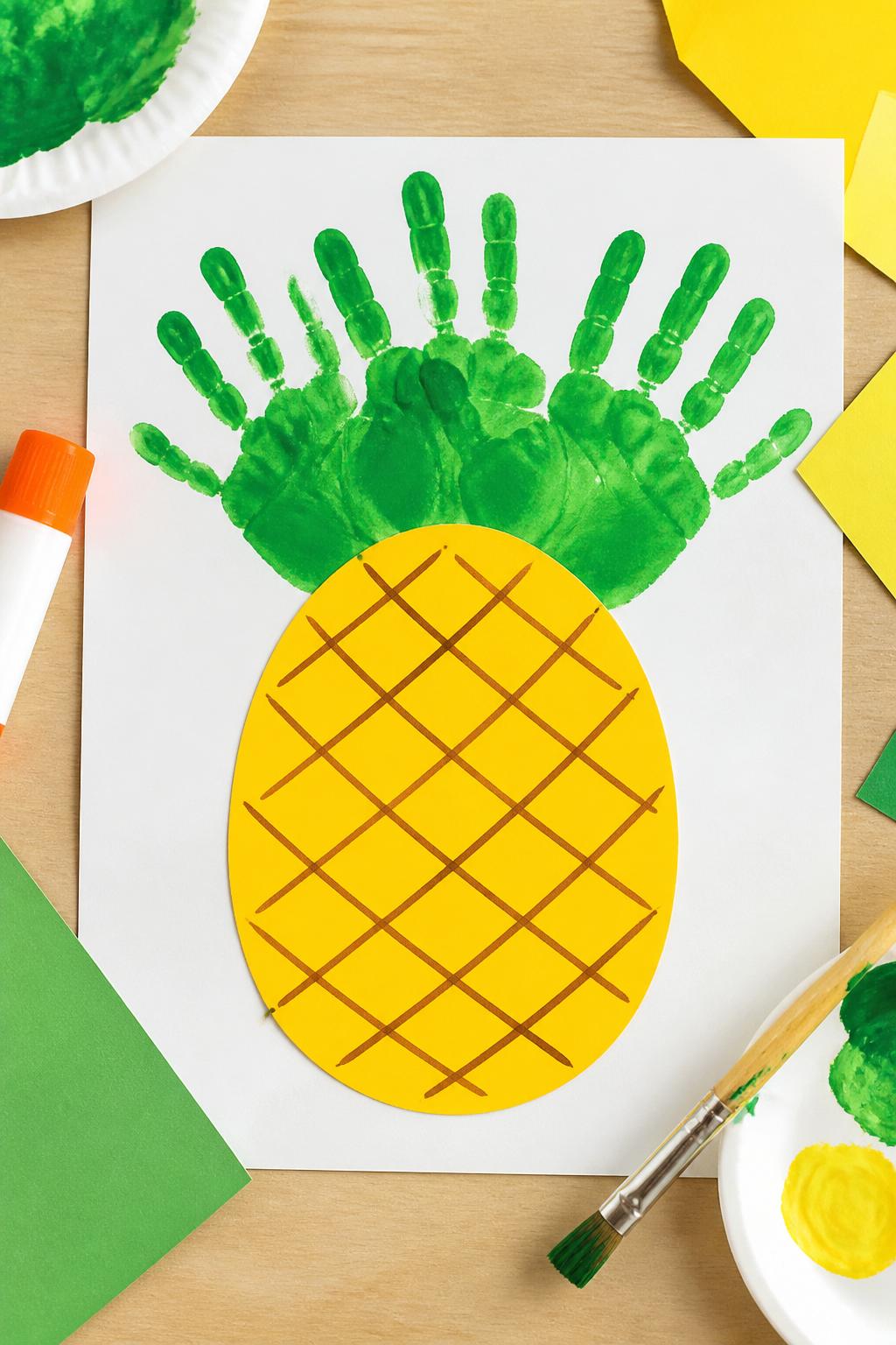 Detailed Image Prompt:
A cheerful tropical craft photo showing handprint pineapple art, yellow oval paper pineapple body with green painted handprints at the top as leafy crown, brown crisscross marker lines on the pineapple, white cardstock background, washable paint, paper scraps, and glue stick nearby, bright summer fruit craft style, no people, no faces, no text, no watermark on images.