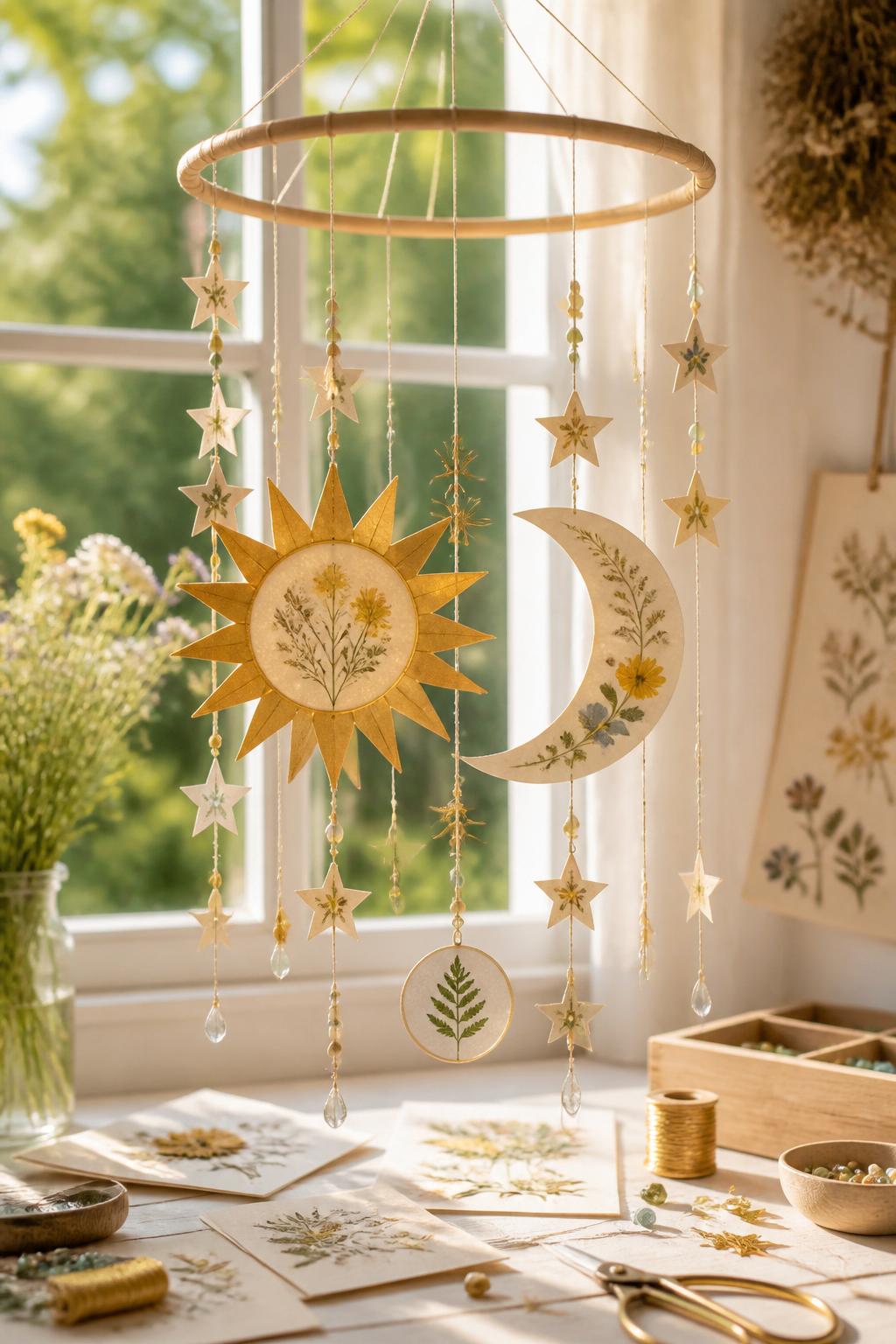 Detailed Image Prompt:
A magical summer solstice craft photo showing a handmade sun and moon hanging mobile, gold paper sun, cream paper moon, small paper stars, beads, and pressed flower details hanging from a wooden hoop with thin string, displayed against a bright window with warm daylight, craft supplies below on a clean table, soft celestial summer style, no people, no faces, no readable text, no watermark on images.