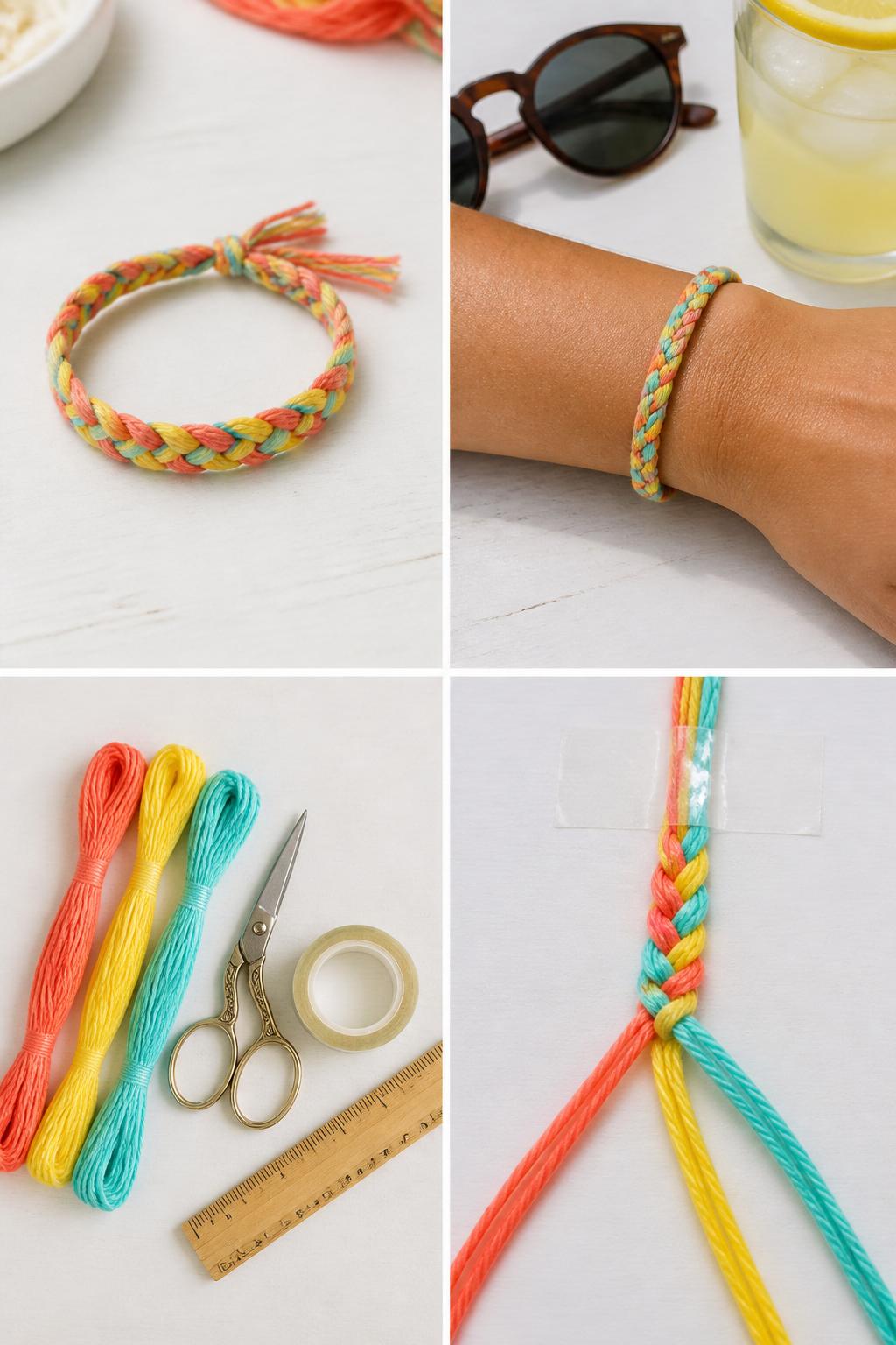 A realistic editorial 2x2 collage grid showing an easy three-strand braided friendship bracelet, top-left finished bracelet made with coral, yellow, and aqua embroidery floss on a white craft table, top-right bracelet tied around a wrist cropped at the hand beside sunglasses and a lemonade glass, bottom-left flat lay of embroidery floss, scissors, tape, and ruler, bottom-right close-up of a beginner-friendly braid in progress taped to the table, bright summer craft setting, clean natural light, no faces, no text, no watermark on images.