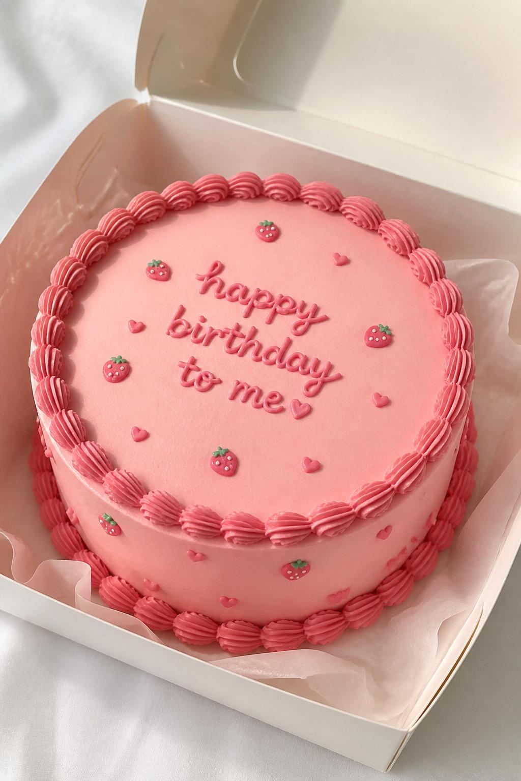 Image Prompt:
A beautiful monochrome strawberry pink bento cake inside an open white cake box, smooth strawberry pink frosting, darker pink piped border, pink handwritten icing text, tiny pink strawberry and heart details, modern tone-on-tone styling, bright clean backdrop, realistic editorial dessert photography, no people, no hands, no faces, no watermarks on images