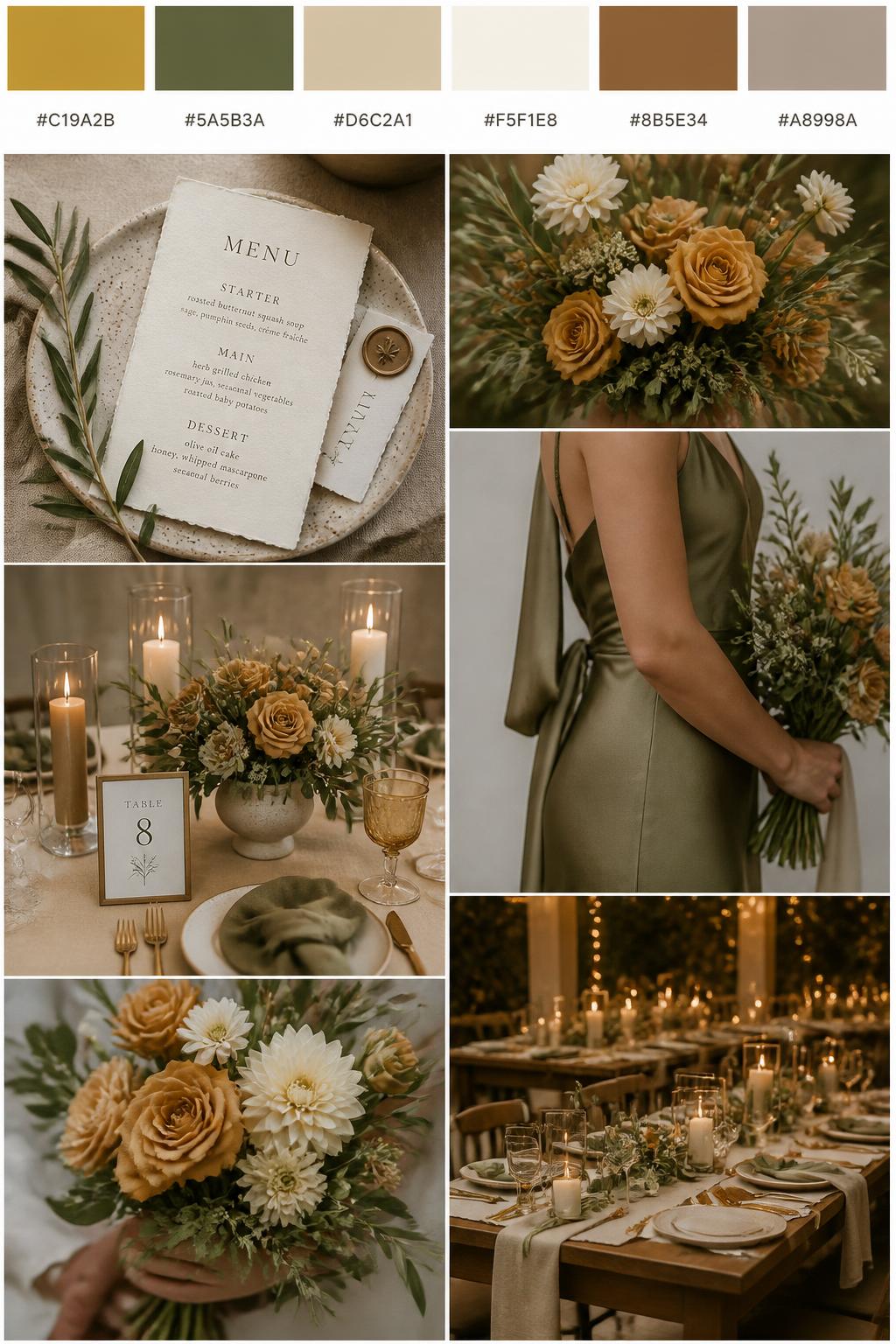 A realistic wedding mood board in a Pinterest-style collage layout. Add a top strip of swatches with small hex codes in mustard yellow, olive green, beige, cream, warm brown, and soft taupe. Below, create a warm earthy collage with mustard florals, olive greenery, beige table decor, menu cards, bouquet close-ups, a side-view body detail of a bridesmaid dress with no face shown, hands holding flowers, and no-people reception styling under soft candlelight. Avoid clear faces completely by using cropped, turned-away, or detail-only compositions. DSLR-style realism, 9:16 vertical format. (no watermarks on images)