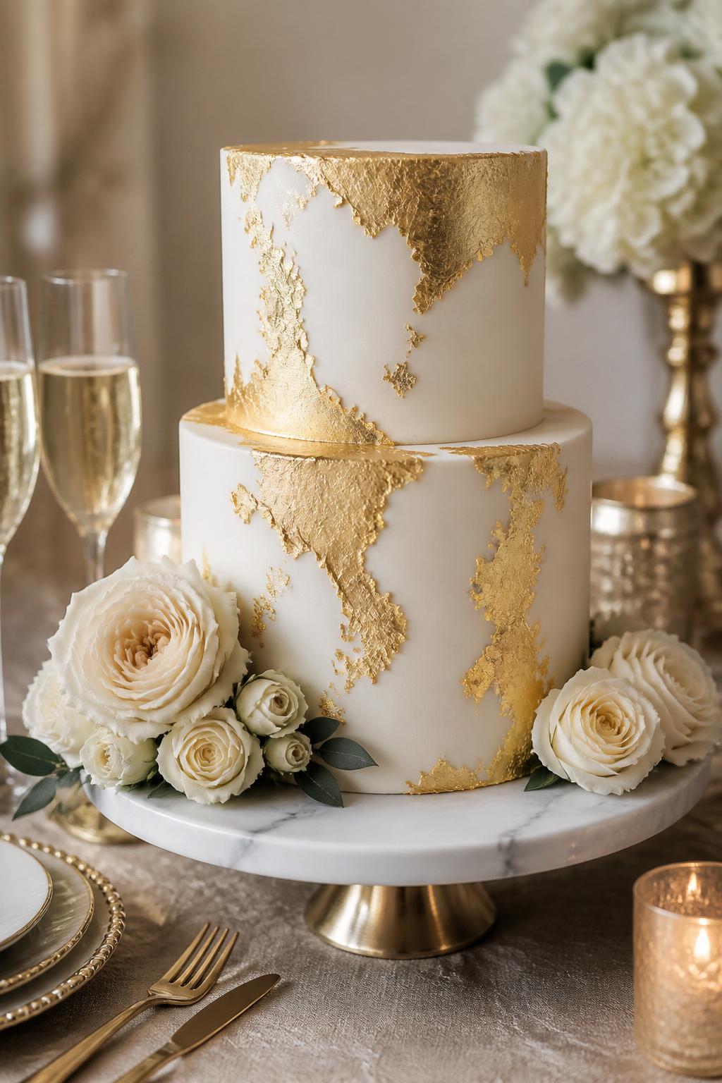 Image Prompt: A luxury anniversary cake design with smooth white fondant, irregular edible gold leaf details, and soft cream roses arranged around the base. Place the cake on a marble cake stand with gold cutlery, champagne flutes, and a warm neutral reception background. Make it look expensive, clean, and realistic, with soft shadows, editorial food photography, no people, no faces, no text overlay, no watermark. (no watermarks on images)