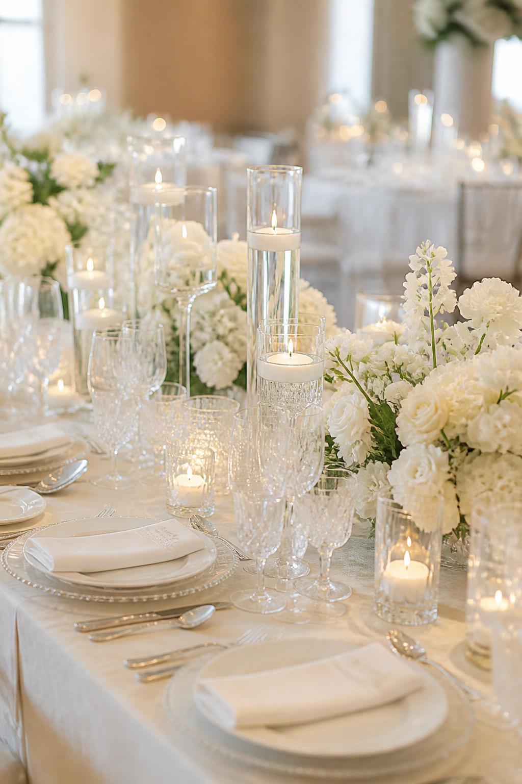 Image Prompt:
A polished wedding reception table styled in white with crystal glasses, clear candle holders, white floral arrangements, white plates, ivory linen, and soft glowing light. Bright formal reception setting, no visible faces, no text, no watermark, realistic editorial wedding photography, (no watermarks on images)