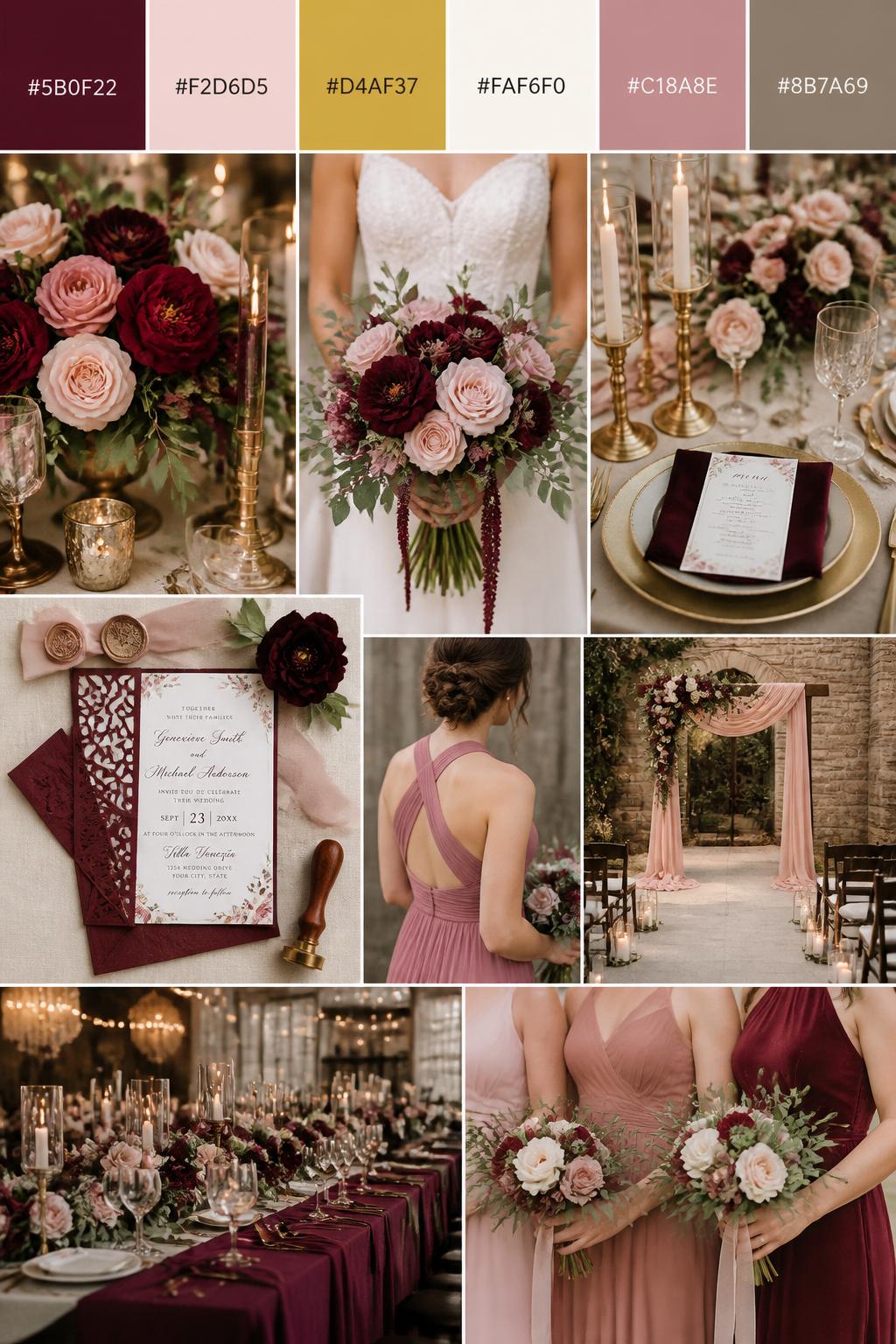 A realistic vertical wedding mood board with a top palette strip showing hex codes in burgundy, blush pink, gold, ivory, dusty rose, and warm taupe. Below the swatches, show a romantic collage of burgundy flowers, blush blooms, gold candle holders, polished table settings, invitation styling, a bouquet held in front of the body with no face visible, cropped bridesmaid dress details, and warm ceremony decor. Use varied no-face compositions such as side views, back views, hand-held bouquet close-ups, and no-people tablescape shots. DSLR realism, Pinterest-style collage layout, 9:16 vertical format. (no watermarks on images)