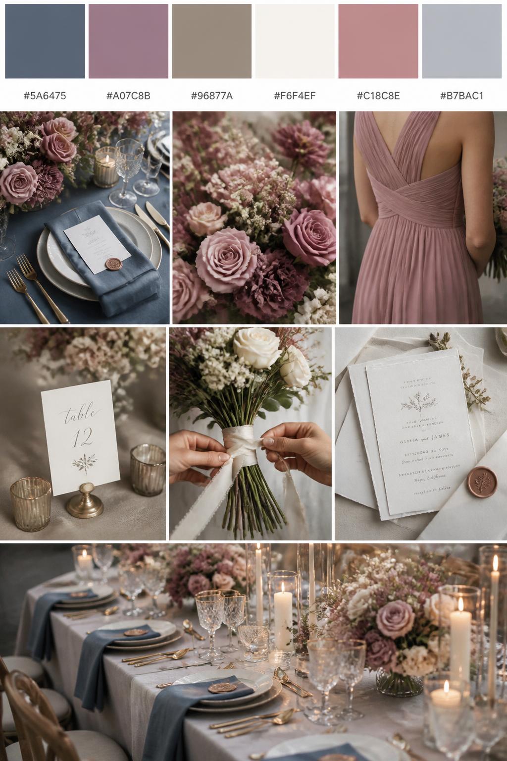 A realistic wedding inspiration mood board with a top row of swatches and small hex codes in slate blue, mauve, taupe, ivory, dusty rose, and soft gray. Under the palette strip, show a polished collage of slate blue linens, mauve flowers, taupe table details, ivory candles, elegant paper goods, a cropped bridesmaid dress image from the neck down, hands tying ribbon around a bouquet, and a romantic reception table with soft floral accents. Use only back views, side views, detail crops, and no-people decor scenes to avoid face issues. DSLR-style realism, 9:16 vertical format. (no watermarks on images)