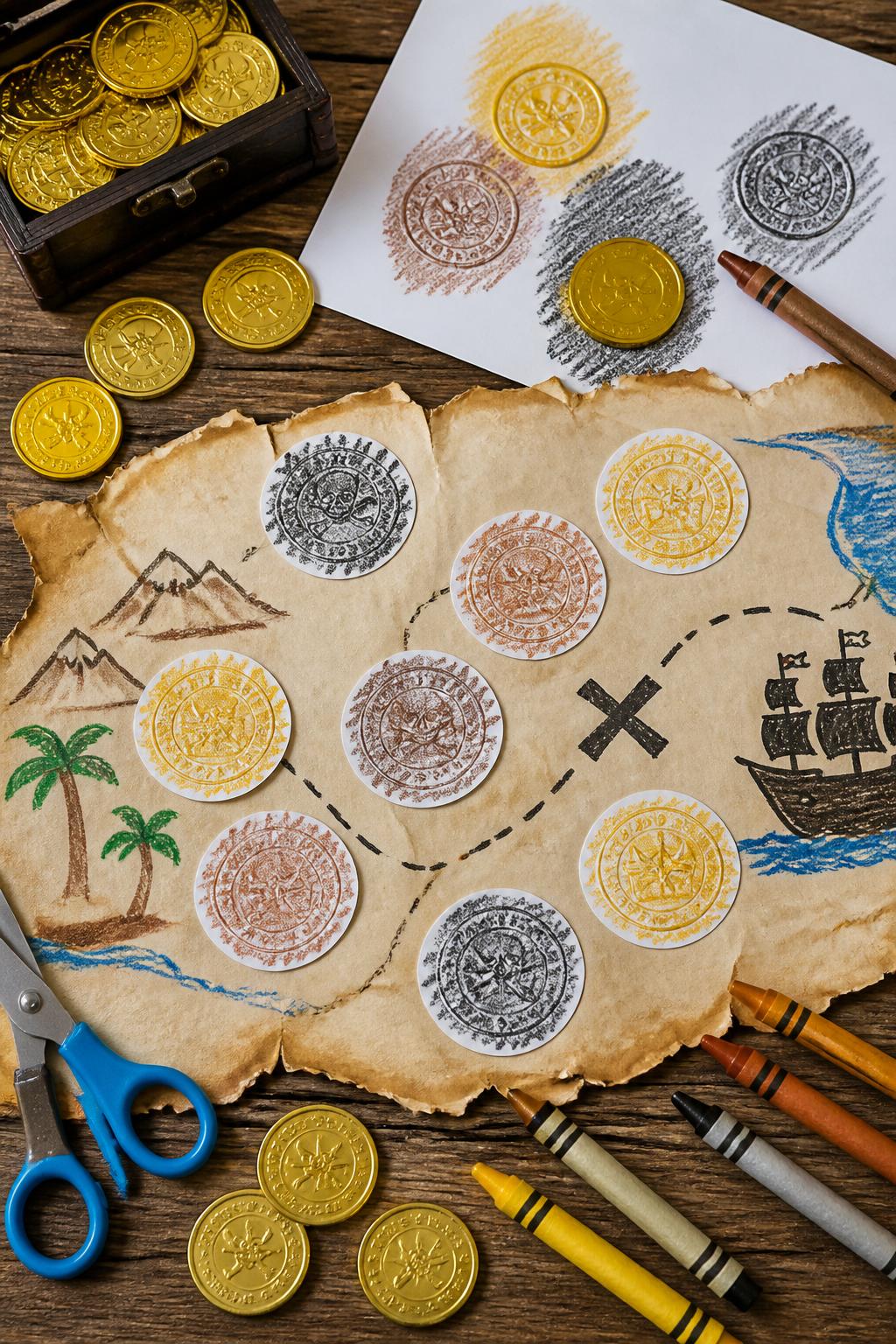 Detailed Image Prompt:
A bright kids’ craft photo showing pirate coin rubbing art, gold plastic coins placed under white paper with crayon rubbings in gold, brown, and black, finished coin patterns cut and glued onto a treasure map background, craft supplies on a rustic table, summer treasure craft mood, no people, no faces, no readable text, no watermark on images.