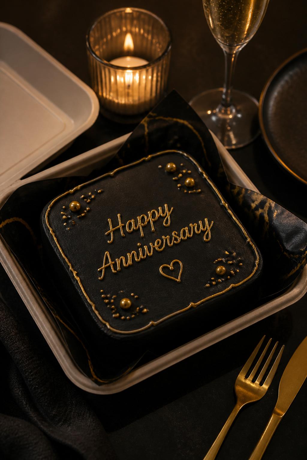 Image Prompt: A stylish black and gold bento anniversary cake in a small square cake box, decorated with matte black buttercream, gold piping, small gold pearls, and a simple anniversary message on top. Style it on a dark table with gold dessert cutlery, candlelight, and a glass of champagne nearby. Make it moody, elegant, and realistic, no people, no faces, no watermark. (no watermarks on images)