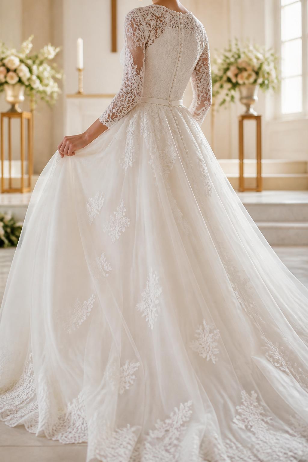 Image Prompt: A romantic bridal editorial image of a bride in a Christian wedding gown with a lace bodice, modest neckline, covered shoulders, and a full layered tulle skirt. Set the scene inside a beautiful chapel with soft floral arrangements and natural light. Show the bride from behind or cropped from the neck down while lightly holding the skirt. The photo should feel graceful, airy, and magazine-worthy, with realistic lace and tulle texture, no visible face, no text, no watermark. (no watermarks on images)