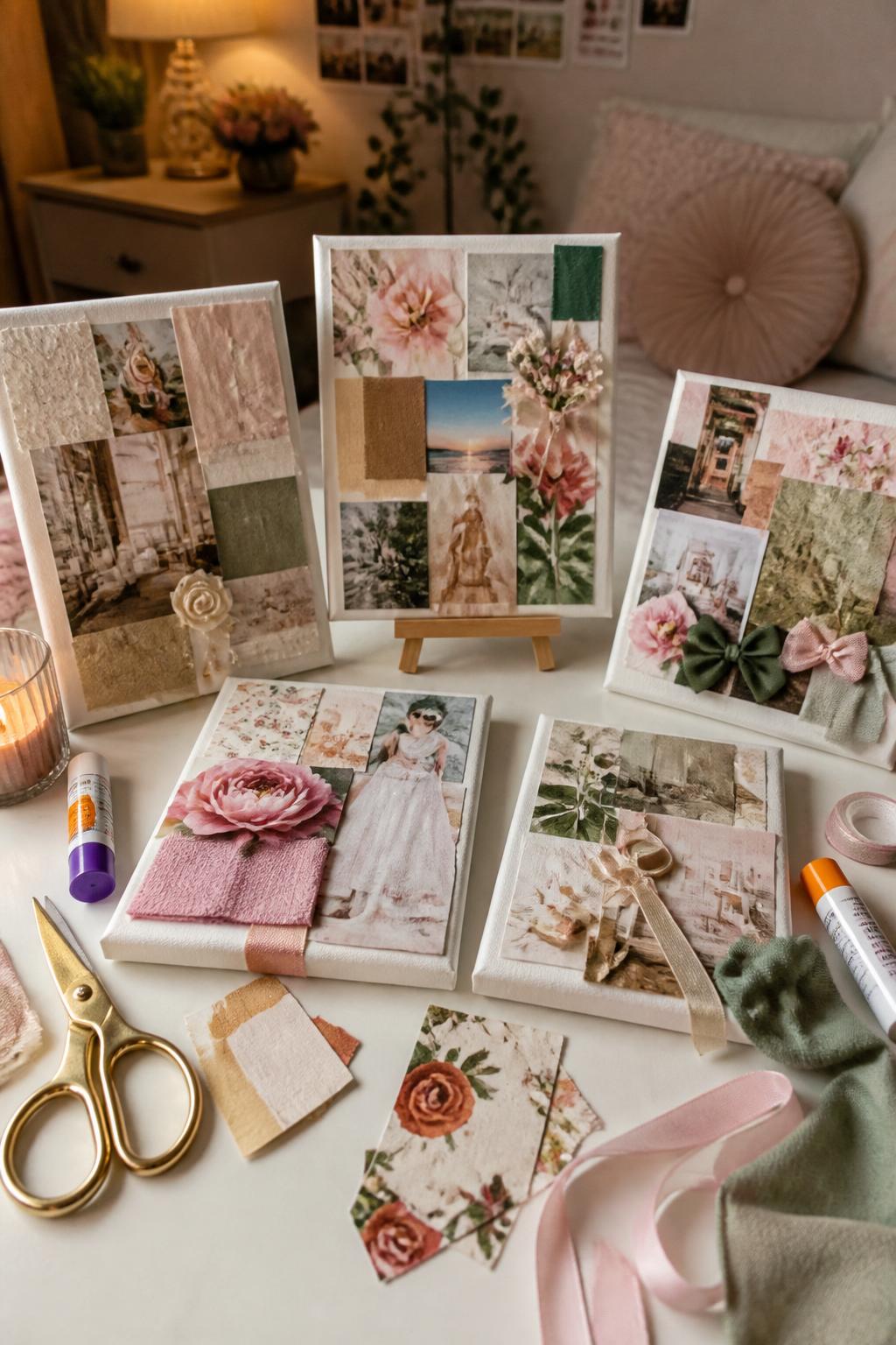 Detailed Image Prompt:
A creative girls’ night craft photo showing mini mood board canvases, small canvases covered with magazine cutouts, color swatches, flower images, stickers, fabric scraps, washi tape, ribbons, and layered paper pieces, arranged on a craft table with glue sticks and scissors nearby, stylish bedroom decor mood, no people, no faces, no readable text, no watermark on images.