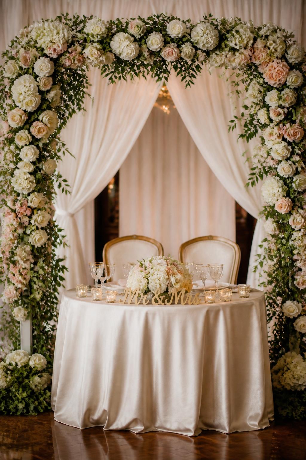 Image Prompt:
A romantic wedding reception photo showing a sweetheart table framed by a floral arch with white roses, blush flowers, greenery, and soft draping. The table has a small Mr and Mrs sign, candles, ivory linen, crystal glassware, and elegant chairs. No visible faces, no full people, table and arch focused, no watermark, professional DSLR wedding photography.