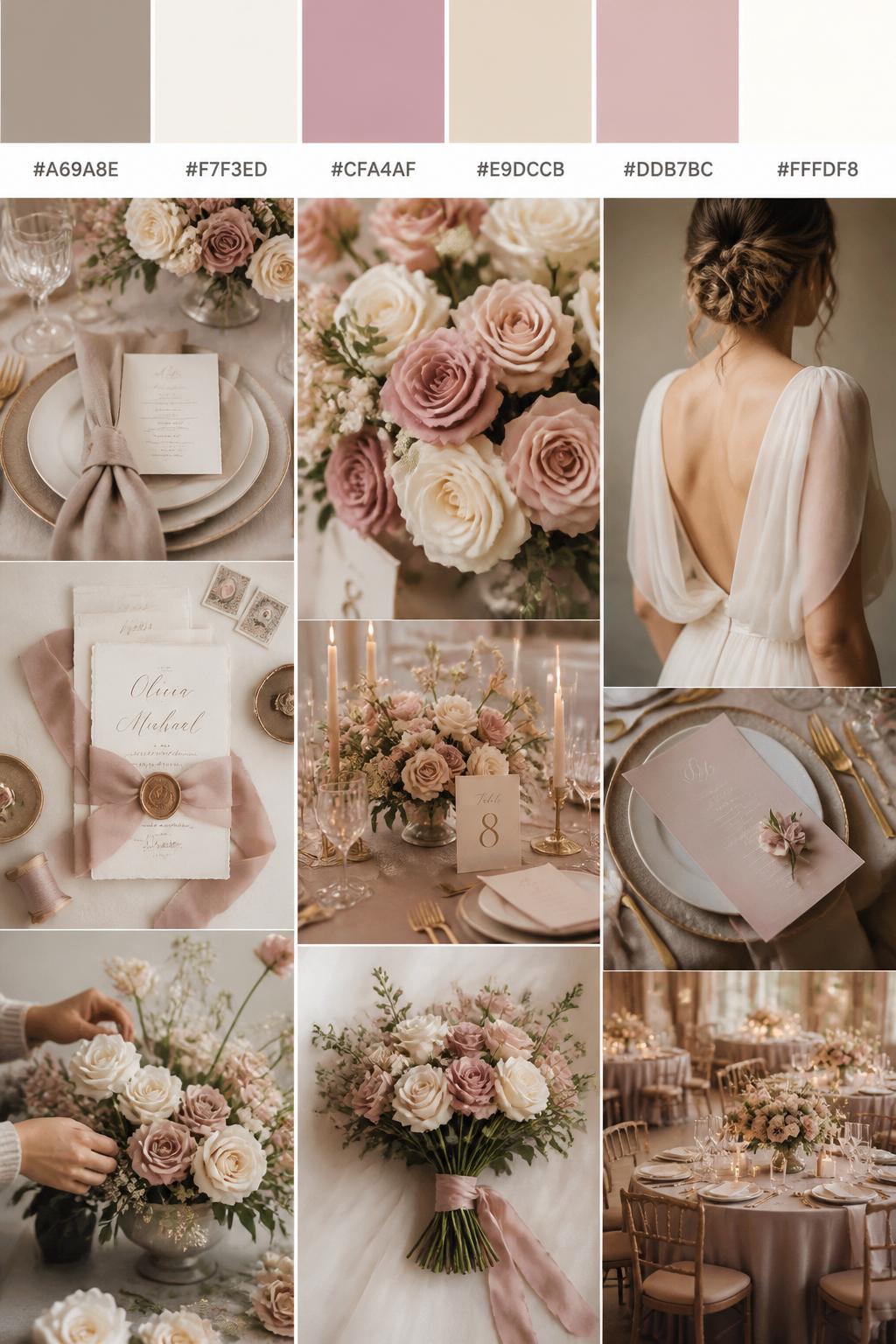 A realistic wedding inspiration mood board with a top strip of swatches and hex codes in taupe, cream, rose pink, warm beige, dusty blush, and ivory. Below, create a polished collage with taupe linens, cream florals, rose-toned flowers, elegant table settings, silk ribbon stationery, a cropped dress shot from below the chin, hands arranging flowers, and candlelit reception decor. Use a mix of no-people flat lays, bouquet close-ups, back-view styling, and side-angle detail photos with no visible full faces. The mood should feel soft, elegant, warm, and feminine with realistic DSLR photo quality. 9:16 vertical format. (no watermarks on images)