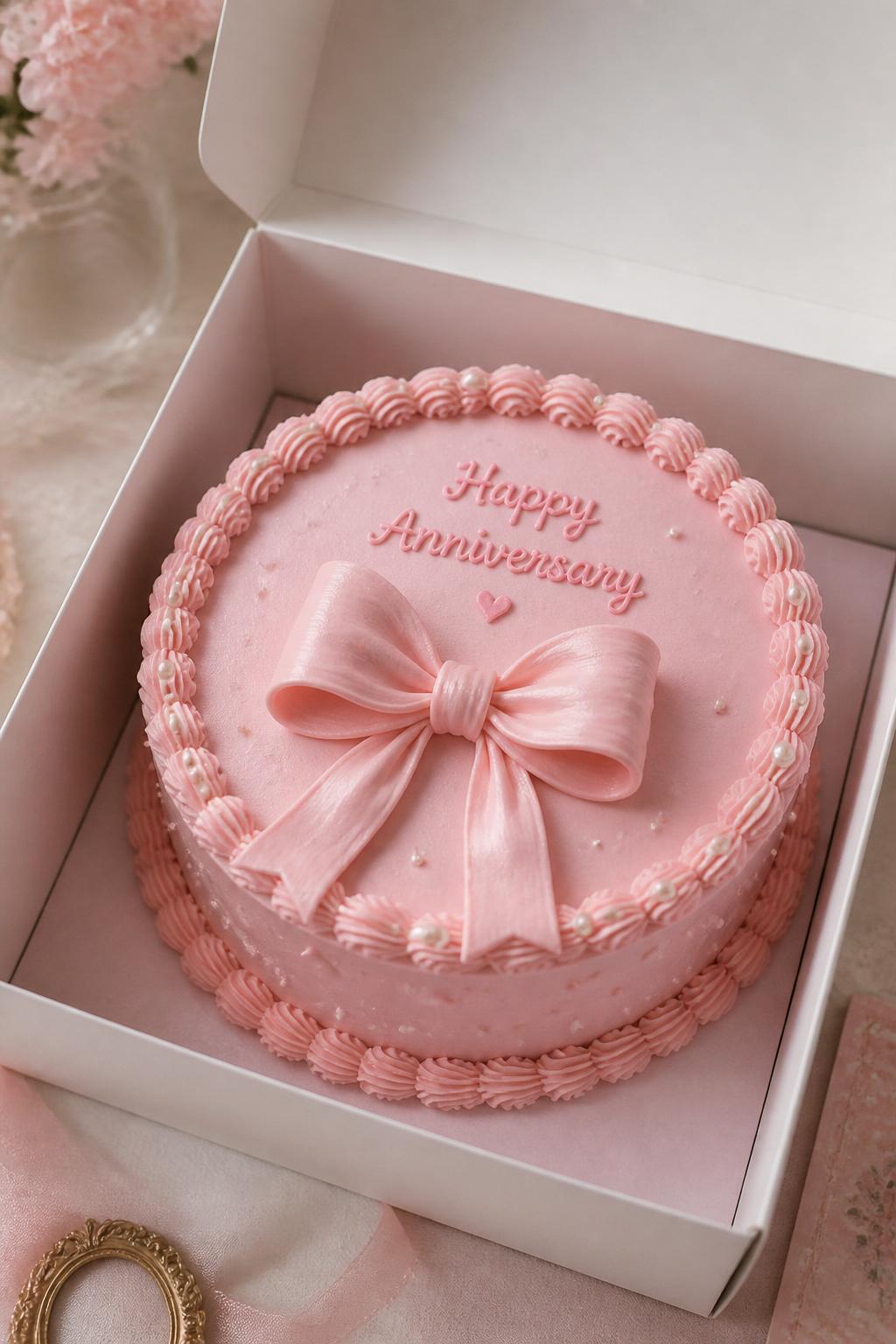 Image Prompt:
A beautiful bow themed anniversary bento cake inside an open white cake box, baby pink frosting, central buttercream bow design, tiny pearl accents, delicate piped border, sweet romantic styling, soft pastel backdrop, realistic DSLR dessert photography, no people, no hands, no faces, no watermarks on images