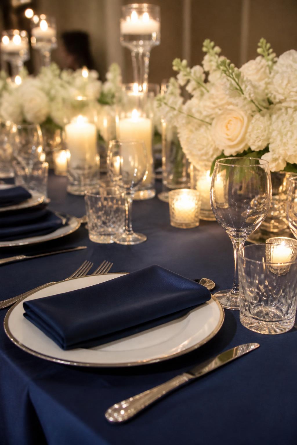 Image Prompt:
A classy wedding table photo focused on navy blue linen napkins folded neatly over white plates, paired with silver flatware, crystal glasses, white flowers, ivory candles, and soft elegant lighting. Formal indoor reception setting, no visible faces, no text, no watermark, realistic DSLR wedding photography, (no watermarks on images)