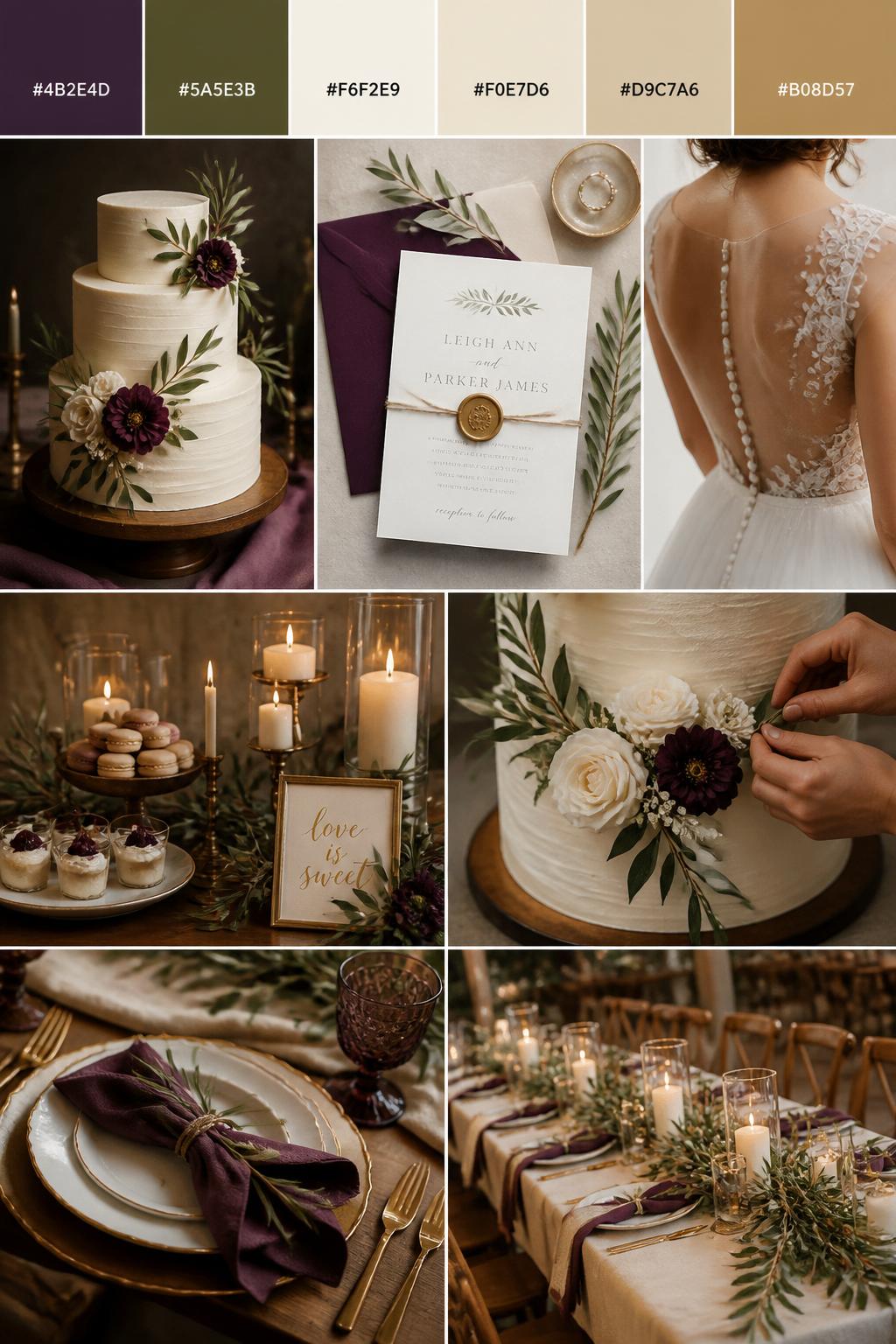 Image Prompt:
A realistic wedding inspiration mood board with a top strip of swatches and hex codes in plum, olive green, ivory, cream, warm beige, and muted gold. Below, create a polished collage with a plum-accented wedding cake, olive leaf details, cream frosting, small floral cake decor, candlelit dessert table styling, invitation details, a cropped dress shot from below the chin, hands placing flowers near a cake, and no-people reception decor. Use a mix of no-people flat lays, cake close-ups, back-view styling, and side-angle detail photos with no visible full faces. The mood should feel romantic, earthy, and refined with realistic DSLR photo quality. 9:16 vertical format. (no watermarks on images)