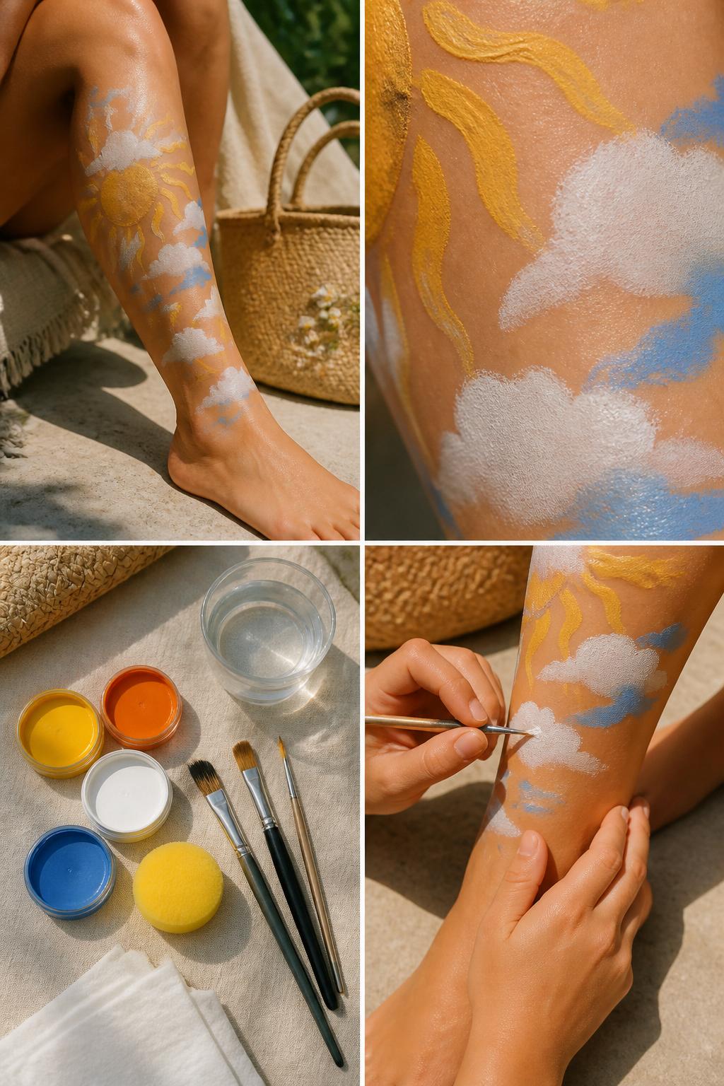 Detailed Image Prompt:
A realistic editorial 2x2 collage grid showing sun and cloud leg painting, top-left finished design with a golden sun, soft white clouds, yellow rays, and tiny blue sky accents on the shin, top-right close-up of soft cloud edges and sun ray details, bottom-left flat lay of skin-safe yellow, orange, white, and blue body paint, sponge, fine brushes, wipes, and water cup, bottom-right cropped hands painting small cloud shapes on the lower leg, cheerful summer day styling, no faces, no text, no watermark on images.