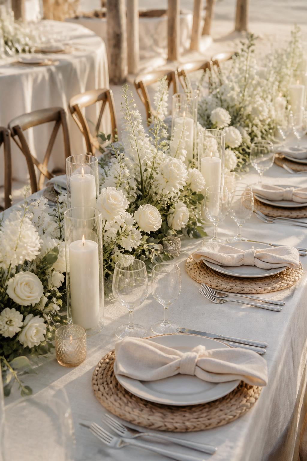 Image Prompt:
A warm coastal wedding table styled with neutral linen, woven chargers, beige napkins, white flowers, soft greenery, clear glassware, ivory candles, and light wood chairs. Outdoor beachside or sandy-toned reception setting, no visible faces, no full people, no text, no watermark, realistic editorial wedding photography, (no watermarks on images)