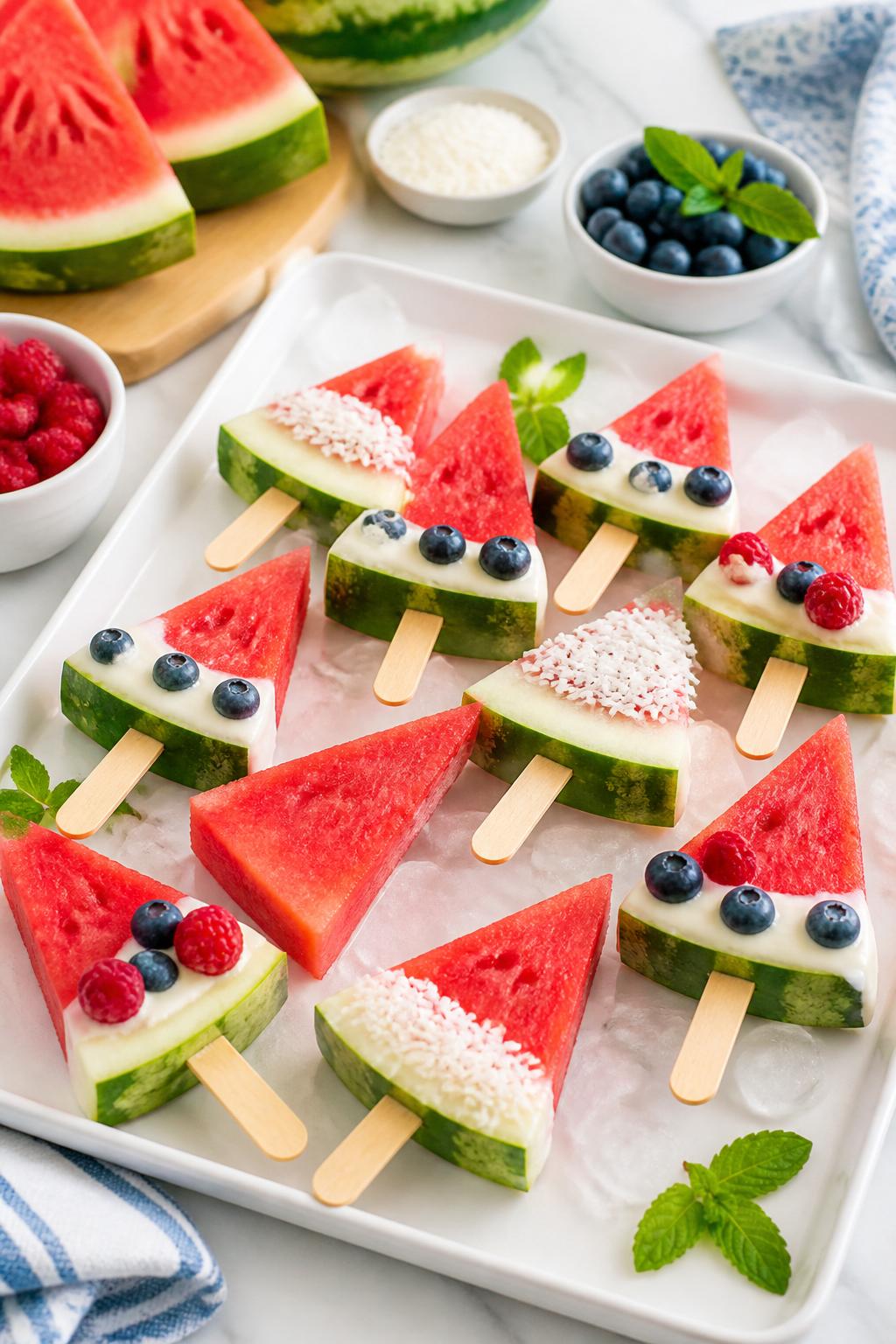 Detailed Image Prompt:
A fresh summer food craft photo showing watermelon pops on wooden sticks, triangle watermelon wedges with popsicle sticks inserted into the rind, some dipped lightly in yogurt and topped with berries or coconut, arranged on a chilled white tray, bright sunny kitchen styling, no people, no faces, no readable text, no watermark on images.