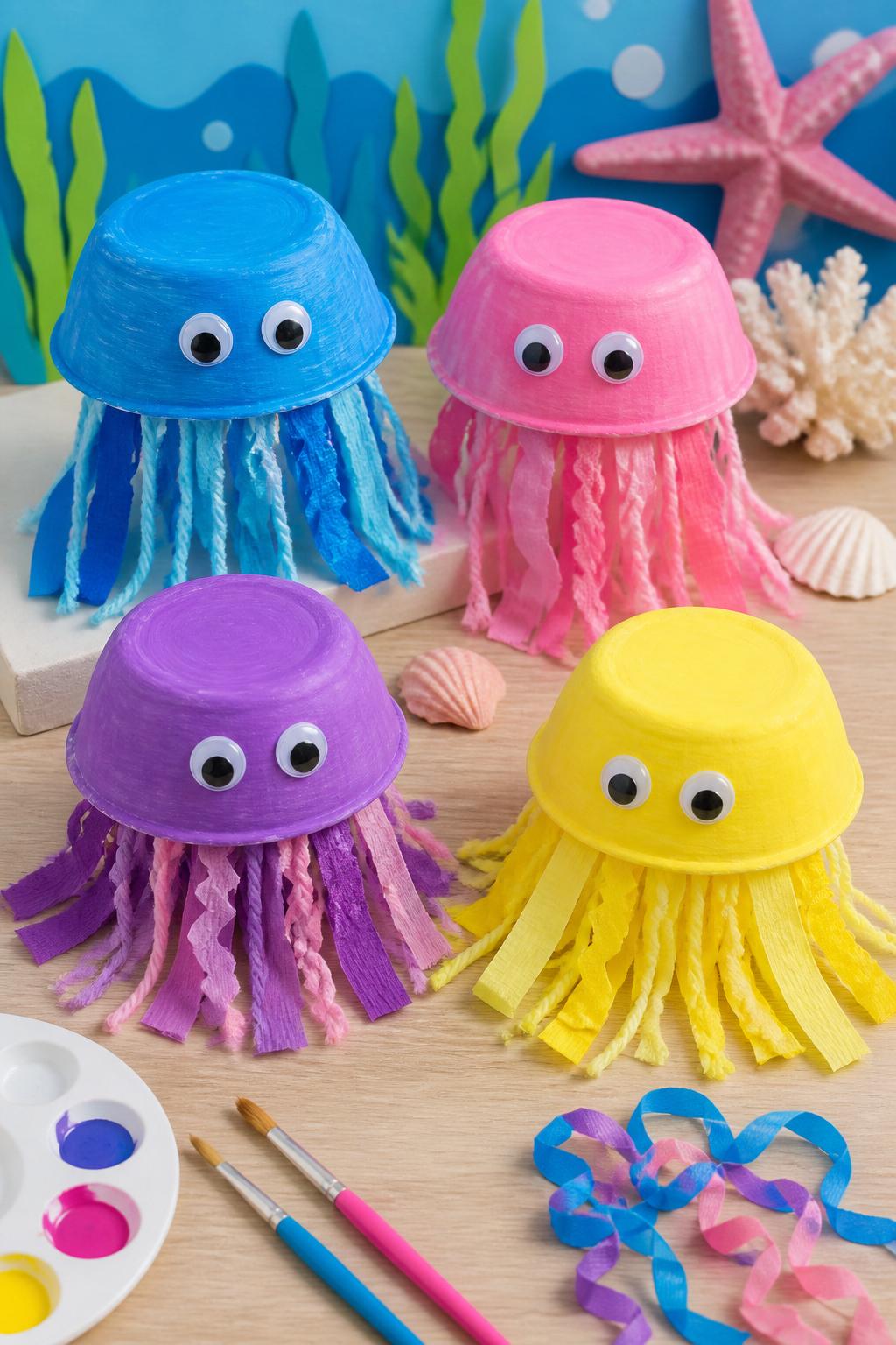 Detailed Image Prompt:
A playful ocean-themed daycare craft photo showing paper bowl jellyfish, small paper bowls painted in bright blue, pink, purple, and yellow, yarn and crepe paper tentacles hanging below, googly eyes on the front, arranged on a clean craft table with paintbrushes and ribbon nearby, cheerful under-the-sea summer theme, no people, no faces, no text, no watermark on images.