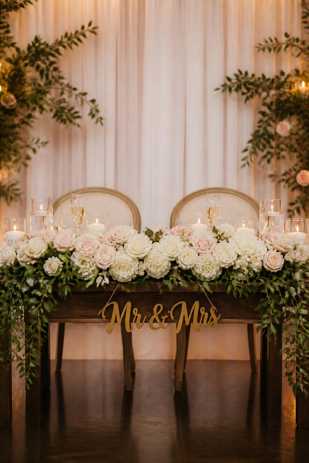 Image Prompt:
A high-end editorial wedding photo showing a sweetheart table with a full floral arrangement across the front edge and a hanging Mr and Mrs sign centered above or attached neatly to the table front. Use white roses, blush flowers, greenery, candles, elegant chairs, and soft reception lighting. No visible faces, no full people, no watermark, professional DSLR wedding photography.