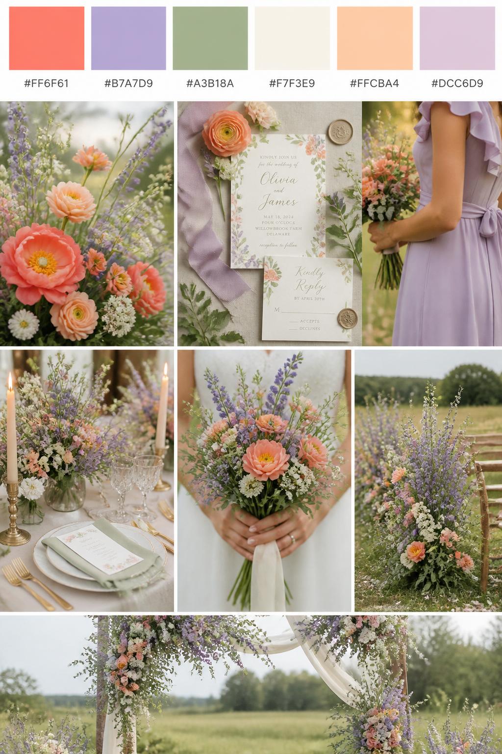A realistic wildflower wedding palette mood board with a top row of swatches and hex codes in coral, lavender, sage green, cream, soft peach, and dusty lilac. Below, create a colorful but soft wedding collage with coral blooms, lavender sprigs, sage greenery, cream table linens, floral paper goods, a hands-only bouquet image, a side-view bridesmaid dress detail cropped below the face, and no-people ceremony decor with loose meadow-style flowers. Keep the style romantic, fresh, cute, and realistic with natural DSLR lighting. 9:16 vertical format. No visible full faces. (no watermarks on images)