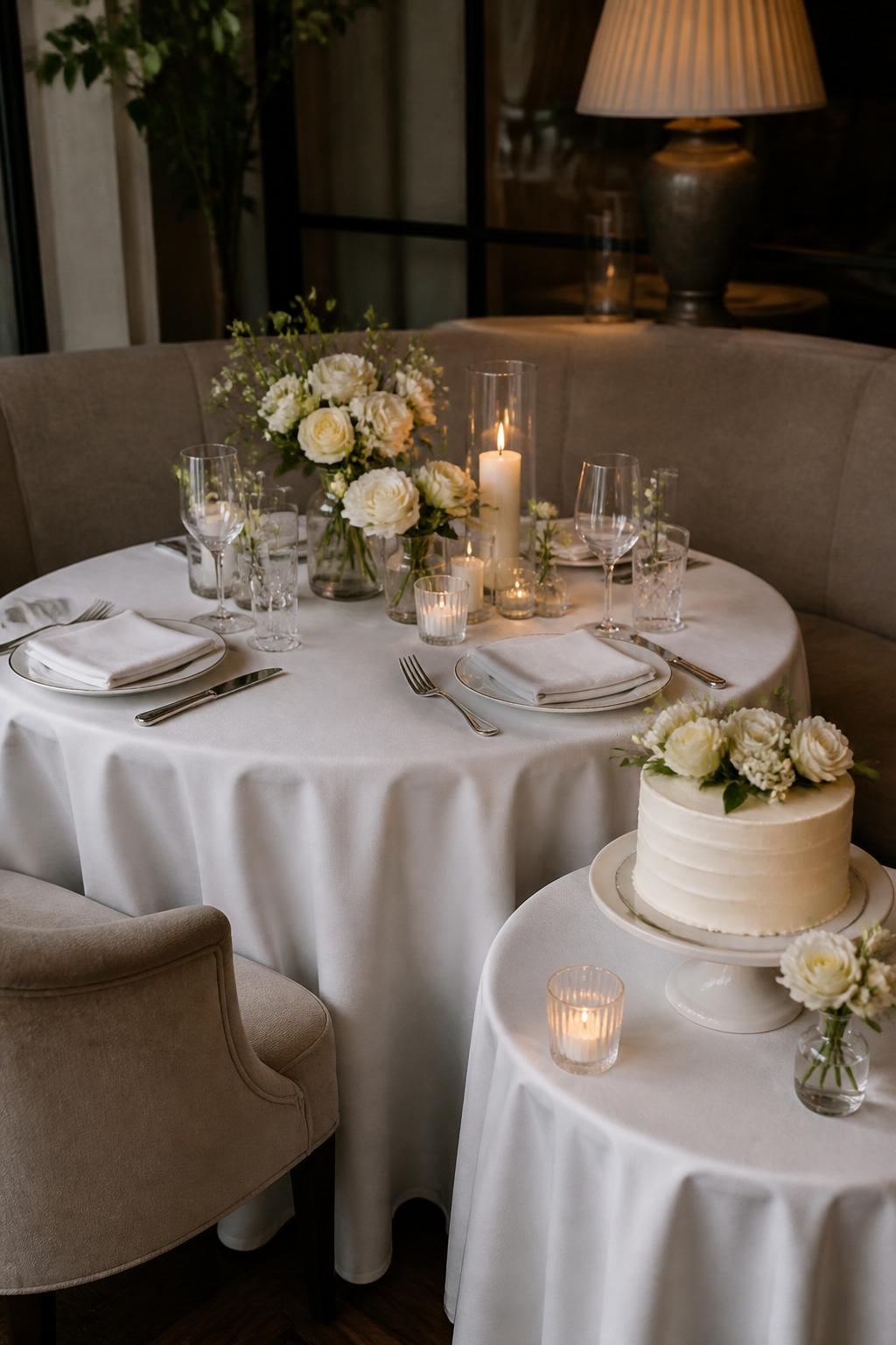 Image Prompt:
A cute civil wedding reception scene showing a small dinner table styled with white flowers, candles, and elegant place settings, with a tiny wedding cake table nearby holding a simple white cake on a small stand. Intimate restaurant or private dining room setting, no visible faces, no full people, no text, no watermark, realistic editorial wedding photography, (no watermarks on images)