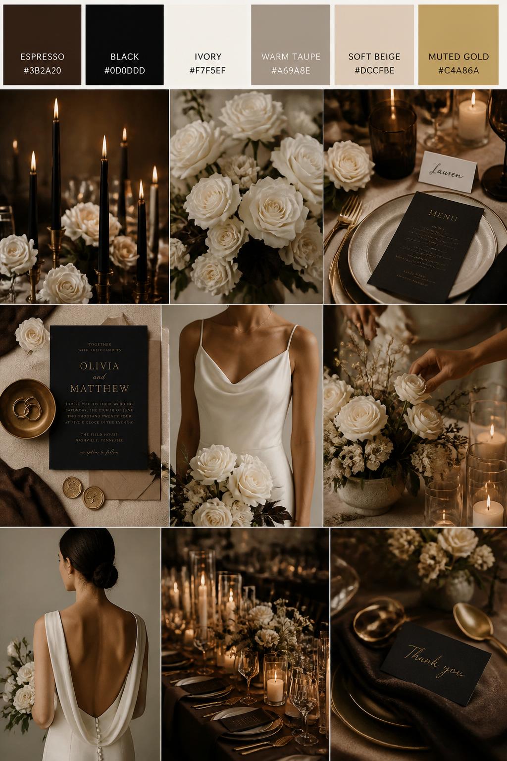 A realistic wedding inspiration mood board with a top strip of swatches and hex codes in espresso brown, black, ivory, warm taupe, soft beige, and muted gold. Below, create a polished collage with black taper candles, espresso table accents, ivory florals, elegant table settings, modern stationery, a cropped dress shot from below the chin, hands arranging flowers, and candlelit reception decor. Use a mix of no-people flat lays, bouquet close-ups, back-view styling, and side-angle detail photos with no visible full faces. The mood should feel modern, elegant, warm, and romantic with realistic DSLR photo quality. 9:16 vertical format. (no watermarks on images)