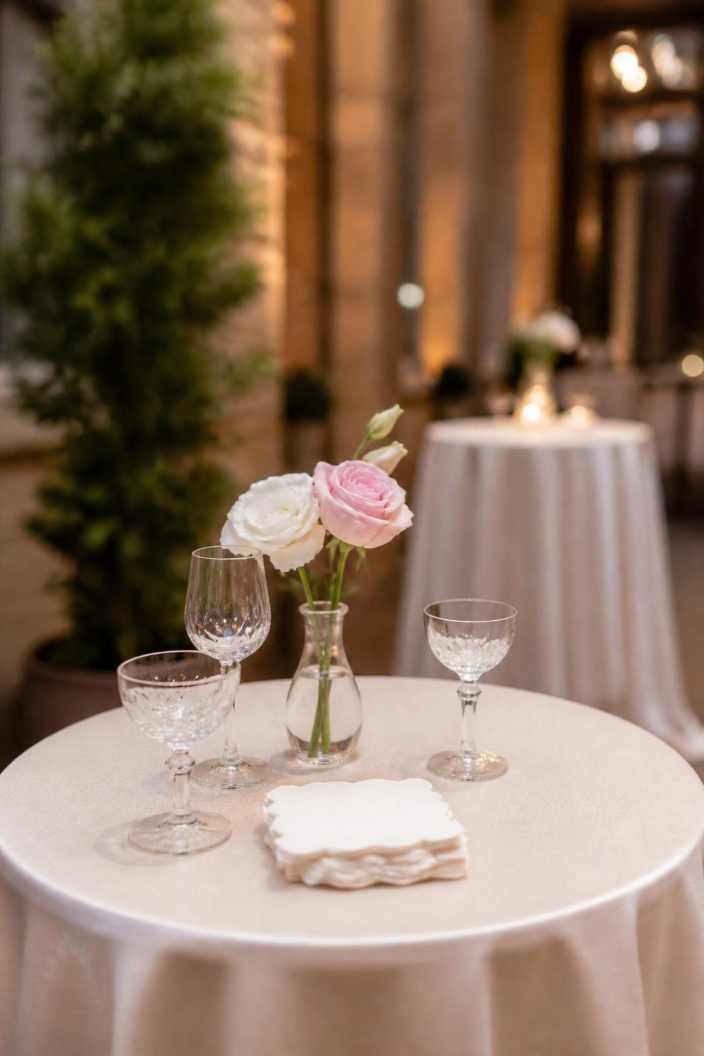Image Prompt:
A professional editorial wedding cocktail hour photo showing a small round cocktail table styled with a tiny clear glass bud vase holding one or two single-stem flowers in white and blush tones. Add a soft ivory tablecloth, a few empty crystal glasses, a small cocktail napkin stack, and warm reception lighting. Elegant wedding venue setting, no visible faces, no full people, table-focused composition, realistic DSLR wedding photography, no text, no watermark, (no watermarks on images)
