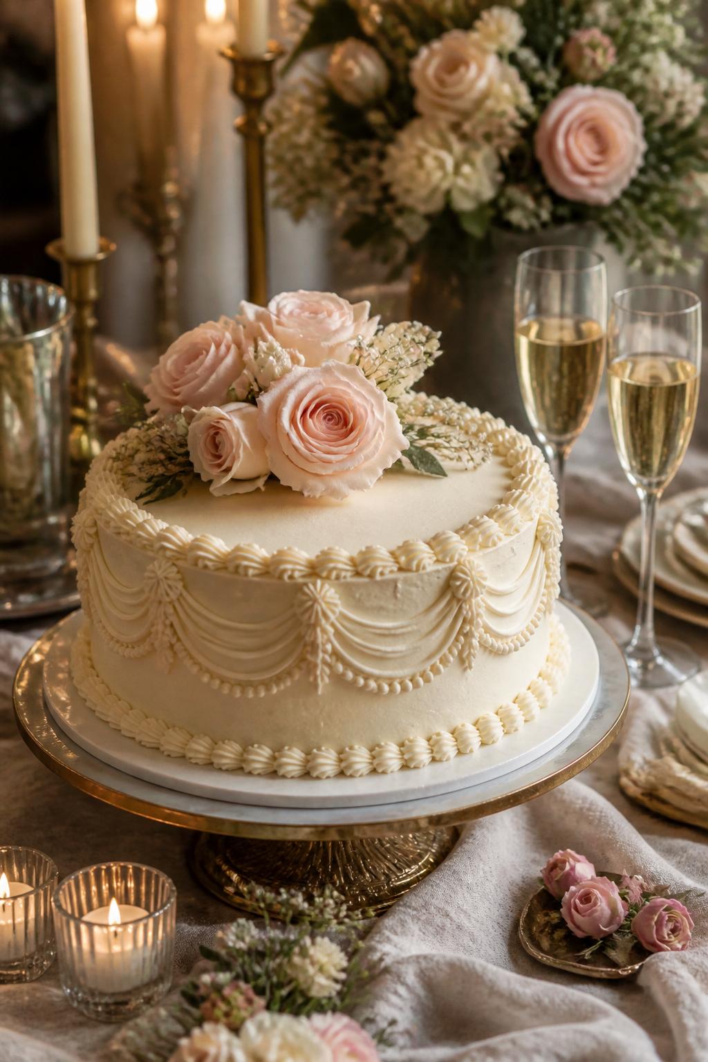 Image Prompt: A beautiful anniversary cake for parents with smooth ivory buttercream, delicate pearl borders, soft blush roses, and neat vintage-inspired piping. Style it on an elegant family celebration dessert table with candles, champagne glasses, soft linen, and a warm romantic indoor setting. Make it look sweet, refined, and realistic, with editorial food photography, no people, no faces, no text overlay, no watermark. (no watermarks on images)