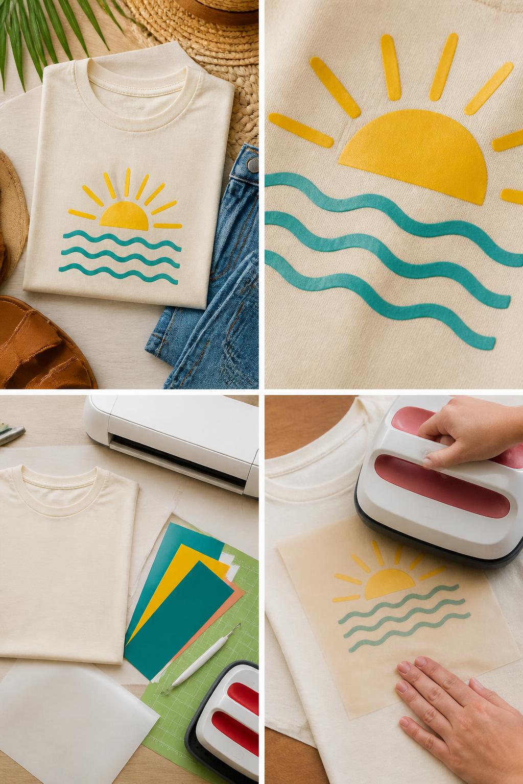 Detailed Image Prompt:
A realistic editorial 2x2 collage grid showing a beginner Cricut summer T-shirt project, top-left finished folded cotton T-shirt with a simple heat-transfer vinyl sun and wave design, top-right close-up of smooth HTV on cotton fabric, bottom-left flat lay of blank shirt, HTV sheets, Cricut machine, cutting mat, weeding tool, heat press, and Teflon sheet, bottom-right cropped hands pressing vinyl onto a shirt, bright summer DIY clothing setup, no faces, no text, no watermark on images.