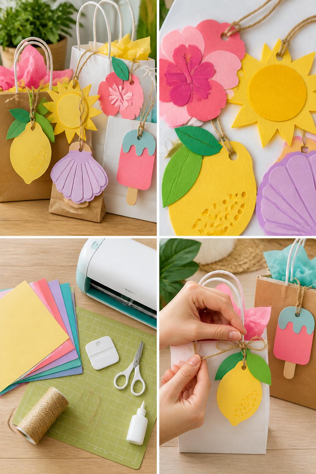 Detailed Image Prompt:
A realistic editorial 2x2 collage grid showing beginner Cricut summer gift tags, top-left finished cardstock gift tags shaped like lemons, suns, flowers, shells, and popsicles tied to small gift bags, top-right close-up of layered cardstock and punched holes with twine, bottom-left flat lay of colored cardstock, Cricut machine, LightGrip mat, glue, twine, scraper, and scissors, bottom-right cropped hands tying a cardstock tag to a summer gift bag, cheerful craft table styling, no faces, no text, no watermark on images.