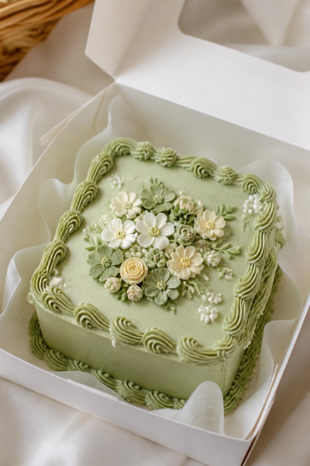 Image Prompt:
A delicate green floral bento cake inside a white open cake box, smooth pale sage frosting, tiny buttercream flowers in white, cream, and soft green tones, elegant piped border, fresh garden-inspired bakery styling, soft natural light, realistic close-up dessert photography, no people, no hands, no faces, no watermarks on images