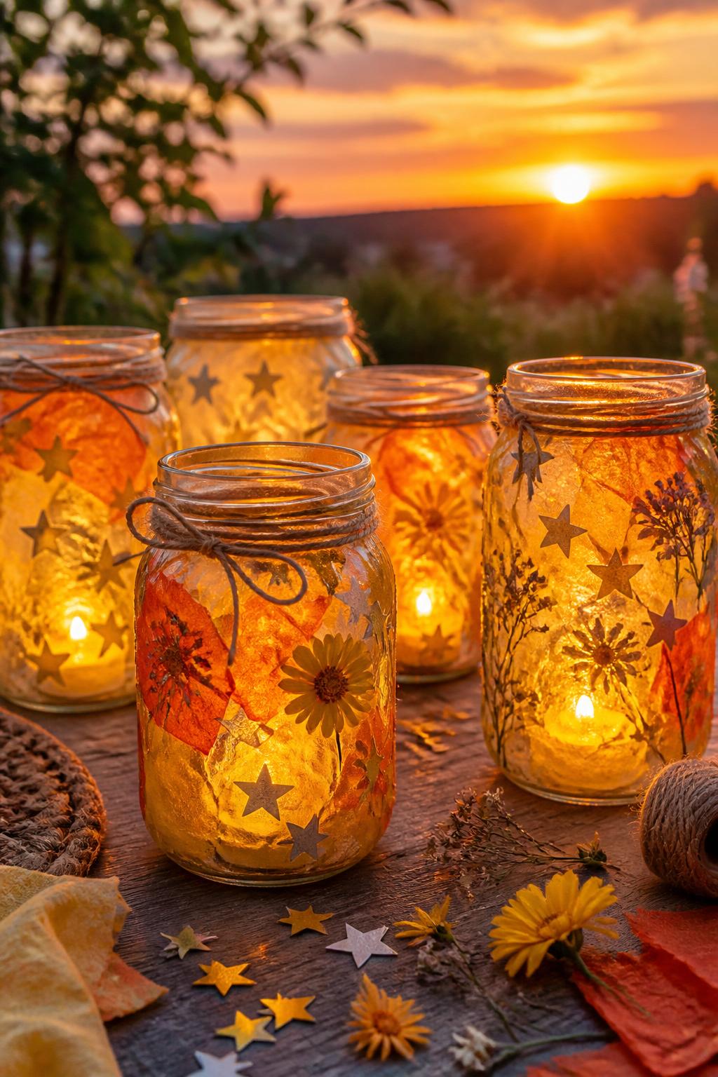 Detailed Image Prompt:
A glowing summer solstice craft photo showing handmade golden hour lantern jars, clear glass jars decorated with yellow, orange, and gold tissue paper, tiny paper stars, pressed flowers, twine around the rim, and safe battery tea lights inside, styled on an outdoor table at sunset, warm magical summer light, no people, no faces, no readable text, no watermark on images.
