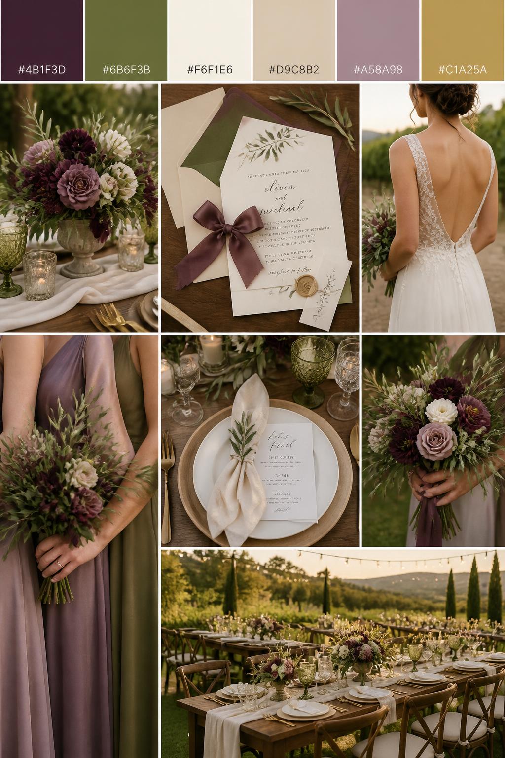 Image Prompt:
A realistic plum and olive wedding color palette mood board with a top strip of swatches and small hex codes in plum, olive green, ivory, warm beige, muted mauve, and soft gold. Below, show a cohesive collage of vineyard wedding details: olive greenery, plum flowers, ivory linens, wooden tables, stationery with silk ribbon, a back-view bridal detail, cropped bridesmaid dress fabric shots, hands-only bouquet styling, and a no-people outdoor vineyard reception table under soft golden light. Keep faces out of frame using side angles, back views, close-up crops, and no-people scenes. The overall mood should feel romantic, earthy, elegant, and warm with realistic DSLR photo quality. 9:16 vertical format. (no watermarks on images)