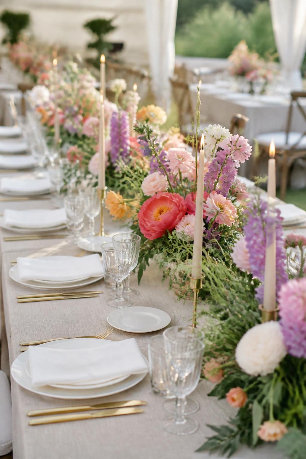Image Prompt:
A joyful editorial wedding reception table decorated with colorful garden floral arrangements in pink, coral, orange, yellow, lavender, and white, mixed with soft greenery. Add neutral linen, white plates, clear glassware, gold flatware, and slim candles. Outdoor garden or tented wedding setting, no visible faces, no text, no watermark, realistic DSLR wedding photography, (no watermarks on images)