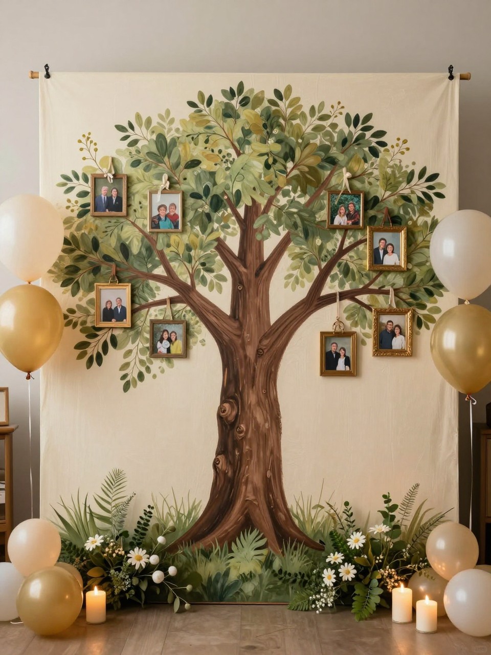 Image Prompt:
A single realistic editorial-style photo of a sentimental 60th birthday family tree backdrop with a large painted tree design on a cream panel, small framed family photos hanging from branches with ribbon, soft greenery at the base, ivory and gold balloons, warm candles, cozy indoor family celebration setting, no people, no faces, realistic lifestyle party photography, no readable text, no watermark.