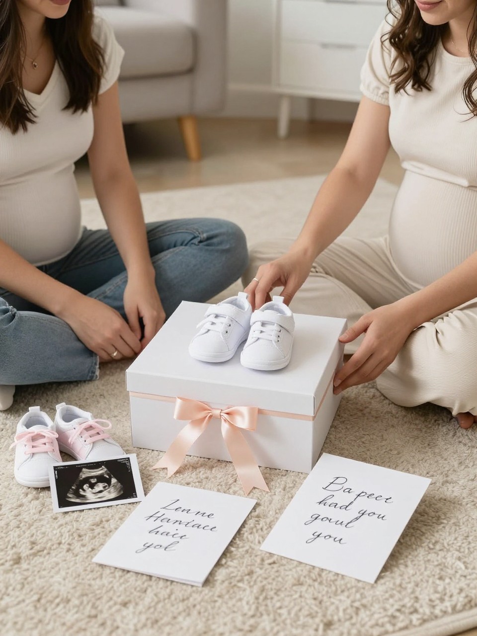 A realistic editorial photo of a sentimental gender reveal scene, parents sitting on a rug with a beautiful keepsake box, baby shoes, ultrasound photo, ribbon, handwritten cards, soft neutral decor, intimate emotional moment, cozy home interior, DSLR lifestyle image