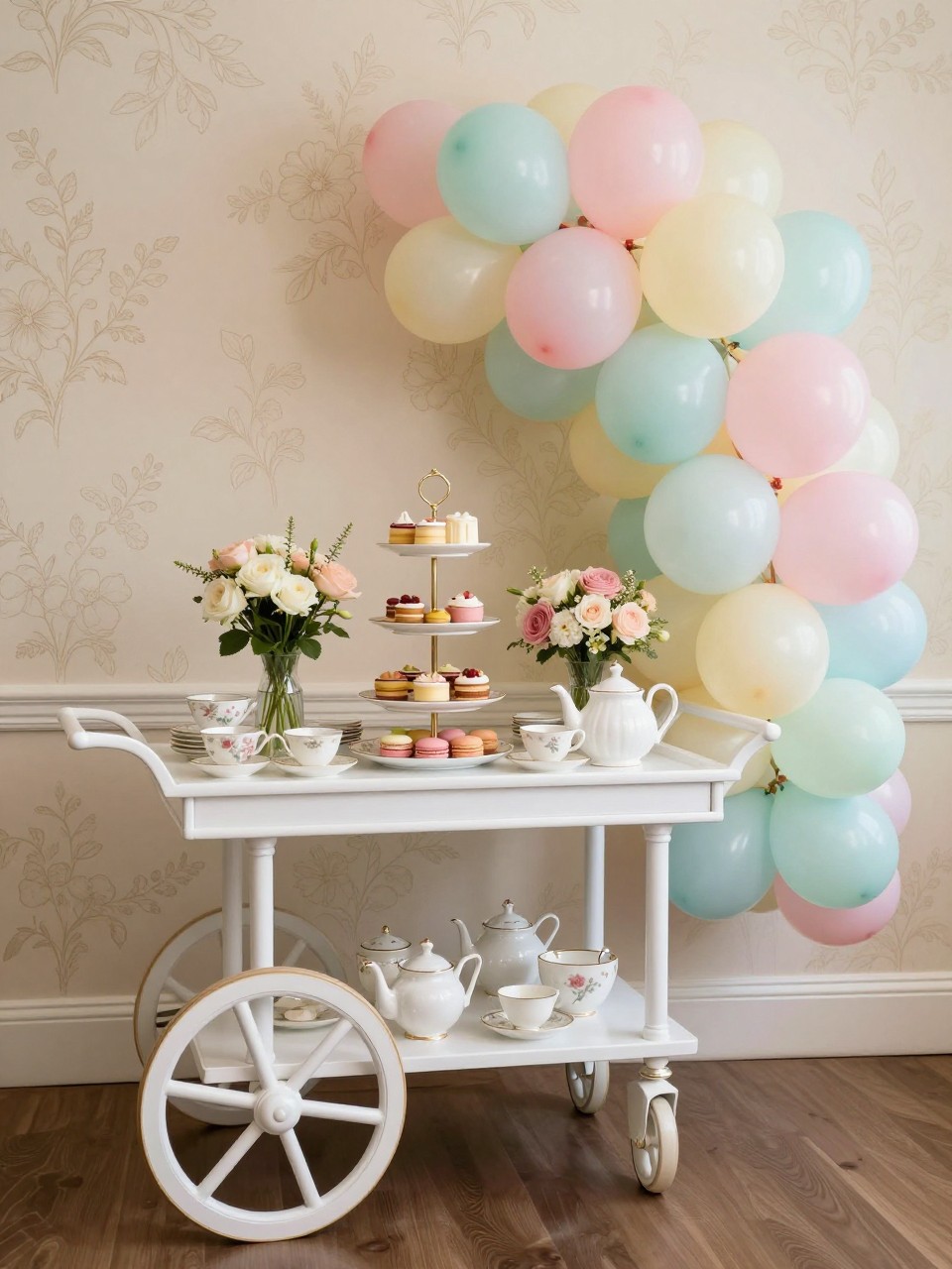 Image Prompt:
A single realistic editorial photo of a charming tea party backdrop with a vintage white tea cart in front of a cream floral wall, teacups, saucers, teapot, small cakes, macarons, fresh flowers, soft pastel balloon cluster, elegant indoor event setting, no people, no faces, warm natural light, realistic party photography, no text, no watermark.