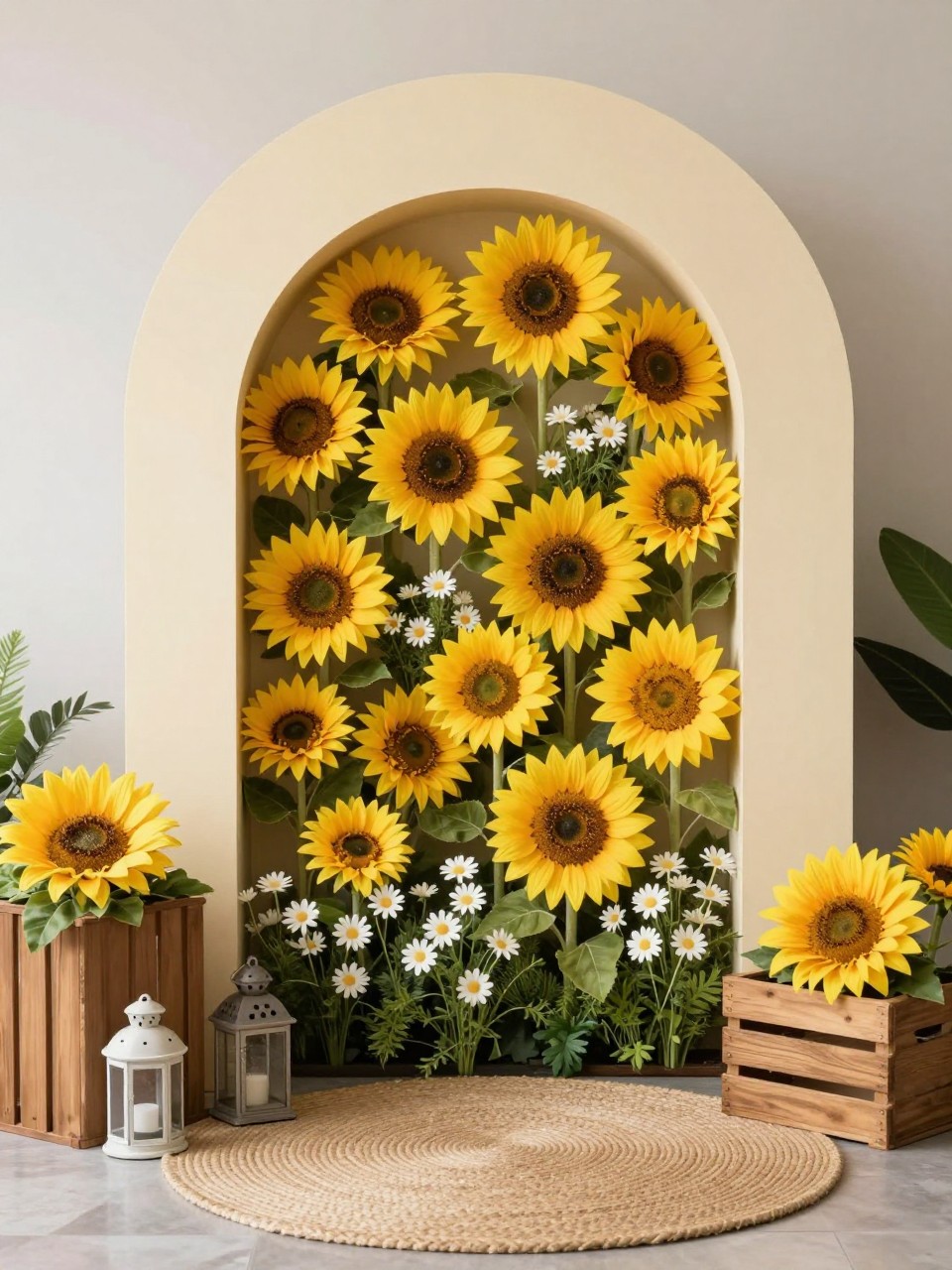 Image Prompt:
A single realistic photo of a cheerful sunflower backdrop with a cream arched panel covered partly in bright yellow sunflowers, white daisies, soft greenery, rustic wooden crates, small lanterns, and a natural woven rug at the base, bright indoor or backyard party setting, no people, no faces, warm sunlight, realistic event photography, no text, no watermark.