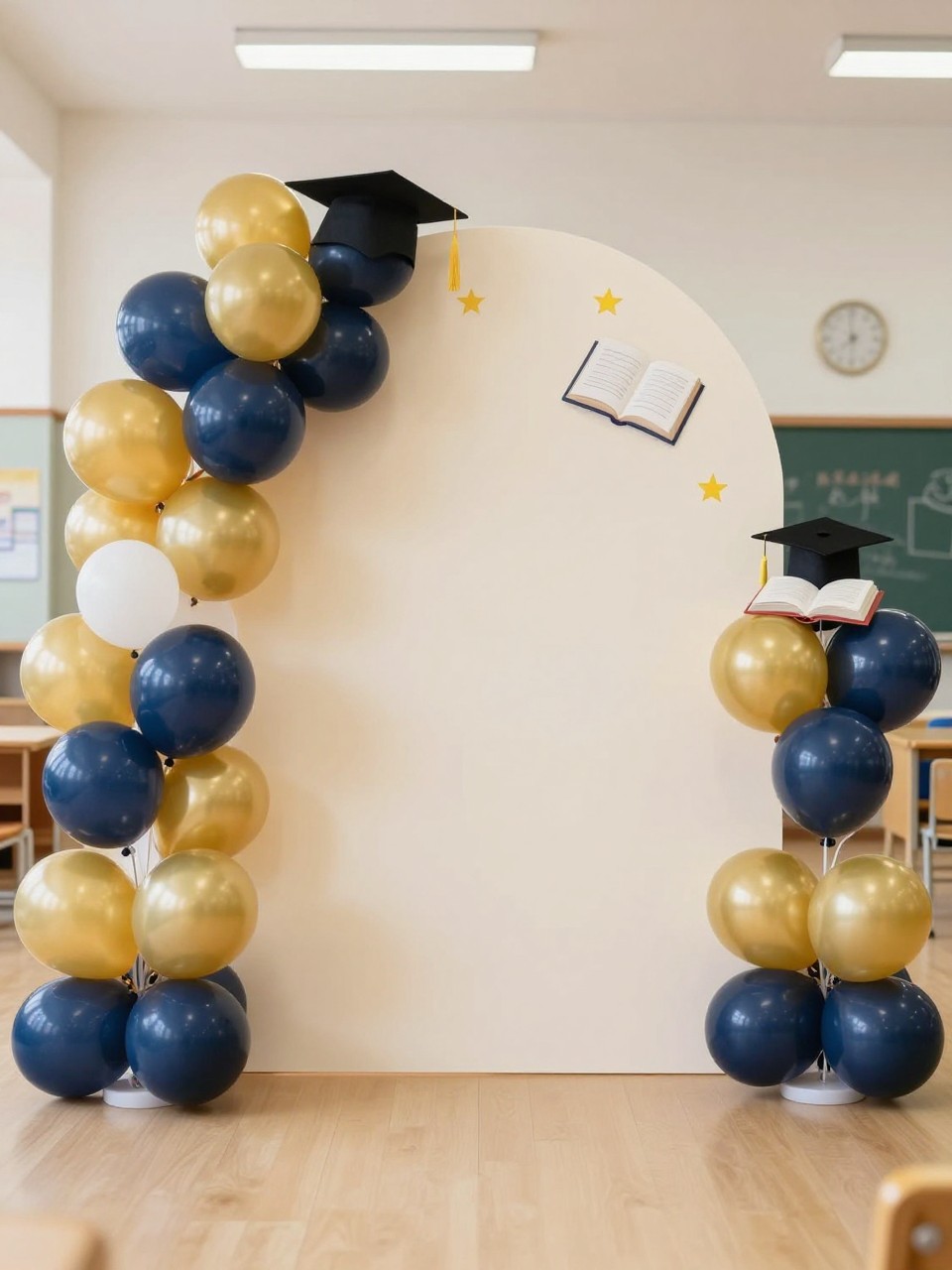 Image Prompt:
A single realistic photo of a preschool graduation backdrop with a cream circular panel, tiny graduation caps, open book props, small glasses props, yellow star decorations, navy and gold balloon clusters, wooden plinths, bright indoor school hall setting, no people, no faces, realistic editorial school event photography, no text, no watermark.
