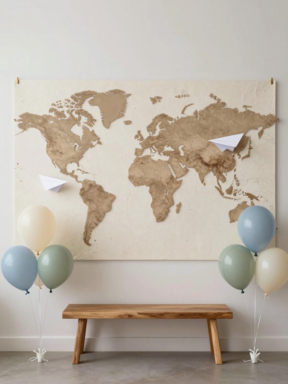 Image Prompt:
A single realistic photo of a creative farewell backdrop with a large textured world map wall panel, white paper airplane cutouts suspended lightly in front, balloon clusters in cream, sage, and dusty blue, a small wooden bench at the base, soft indoor lighting, no people, no faces, realistic editorial photography, no text, no watermark.