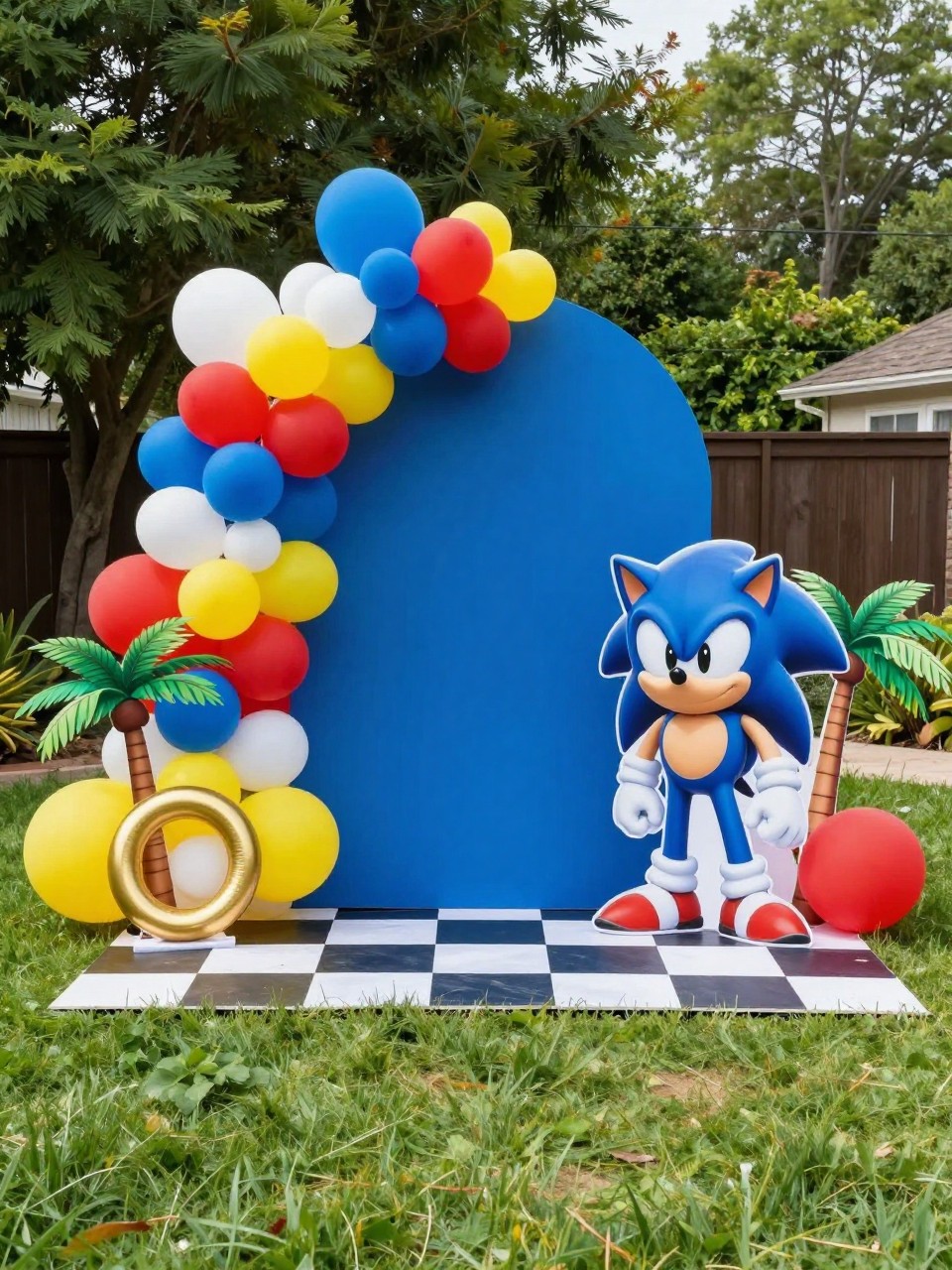 Image Prompt:
A single realistic photo of an outdoor Sonic-themed backyard party backdrop with a bright blue backdrop panel, green grass lawn, balloon garland in blue, yellow, red, and white, gold ring props, small palm tree details, checkered platform boards at the base, sunny backyard setting, no people, no faces, realistic natural daylight party photography, no text, no watermark.