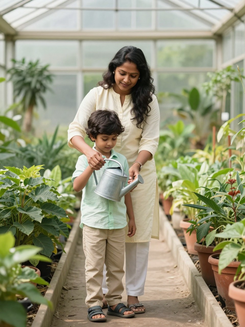 Image Prompt:
A realistic mother and son photoshoot inside a bright greenhouse, featuring a South Asian mother wearing a soft cream kurta-style tunic with straight trousers and her young son wearing a pale green shirt with beige pants. They stand between rows of leafy plants, with the mother gently helping him hold a small watering can. Natural daylight filters through glass panels, with soft greenery, terracotta pots, and calm warm tones. Full faces visible, realistic family lifestyle photography, vertical image.