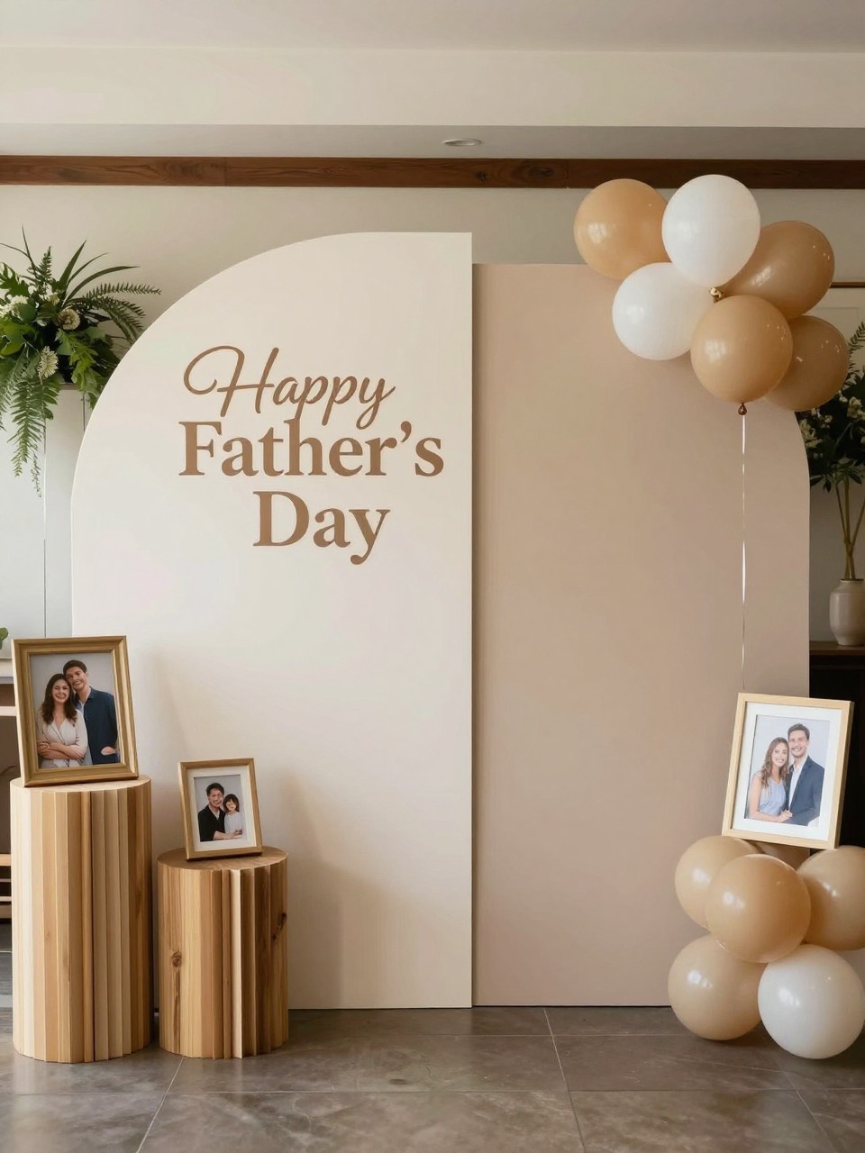 Image Prompt:
A single realistic editorial-style photo of a minimal Father’s Day backdrop with matte cream and taupe curved panels, small tan and white balloon accents, wooden plinths, a few framed family photos, soft greenery, warm indoor event setting, no people, no faces, natural soft lighting, realistic upscale party photography, no readable text, no watermark.