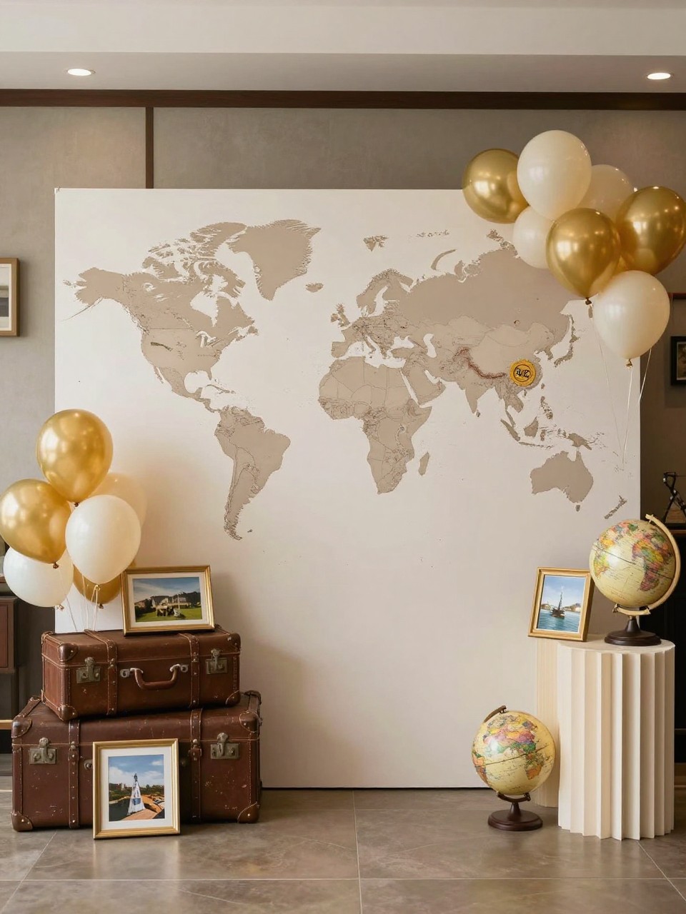 Image Prompt:
A single realistic photo of a travel-inspired 60th birthday backdrop with a large neutral world map panel, vintage suitcases stacked at the base, framed travel photos, ivory and gold balloon clusters, small globe props, a cream pedestal table, warm indoor party lighting, no people, no faces, realistic event photography, no readable text, no watermark.