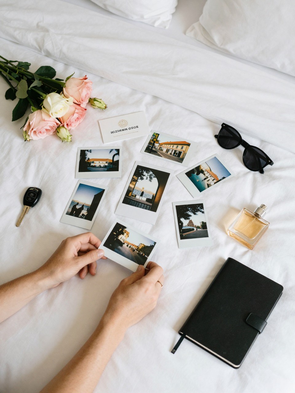 Image Prompt:
A realistic overhead hotel room photoshoot showing a spread of instant photo prints, postcards, a hotel key card, sunglasses, a small perfume bottle, a travel journal, and fresh flowers arranged on white hotel bedsheets. An adult subject’s hands are visible placing one photo onto the bed, with no face shown. Soft daylight, cozy travel memory mood, crisp bedding, warm neutral accents, editorial flat lay photography, vertical image.