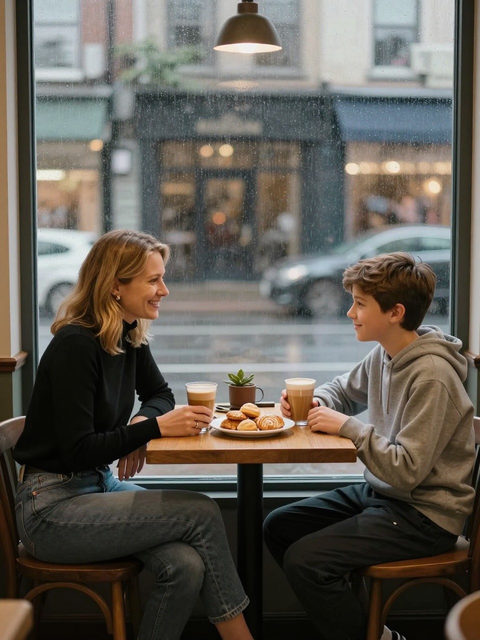 Image Prompt:
A realistic mother and son photoshoot inside a quiet cafe beside a large rain-speckled window, featuring a white mother in a soft black turtleneck and jeans sitting across from her preteen son in a gray hoodie and dark trousers. They share a plate of pastries and two warm drinks, smiling at each other across the small wooden table. The window shows blurred city lights and soft rain outside. Warm cafe lighting, cozy documentary style, realistic reflections, vertical image.