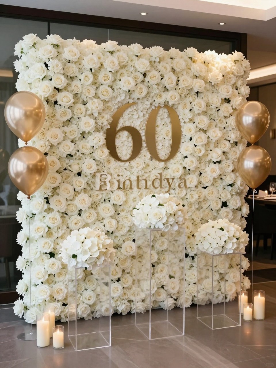 Image Prompt:
A single realistic editorial-style photo of a luxurious 60th birthday backdrop with a full all-white floral wall made of roses and hydrangeas, clear acrylic plinths, champagne gold balloon accents, floor candles, a polished indoor event venue, no people, no faces, soft diffused lighting, realistic upscale celebration photography, no watermark.