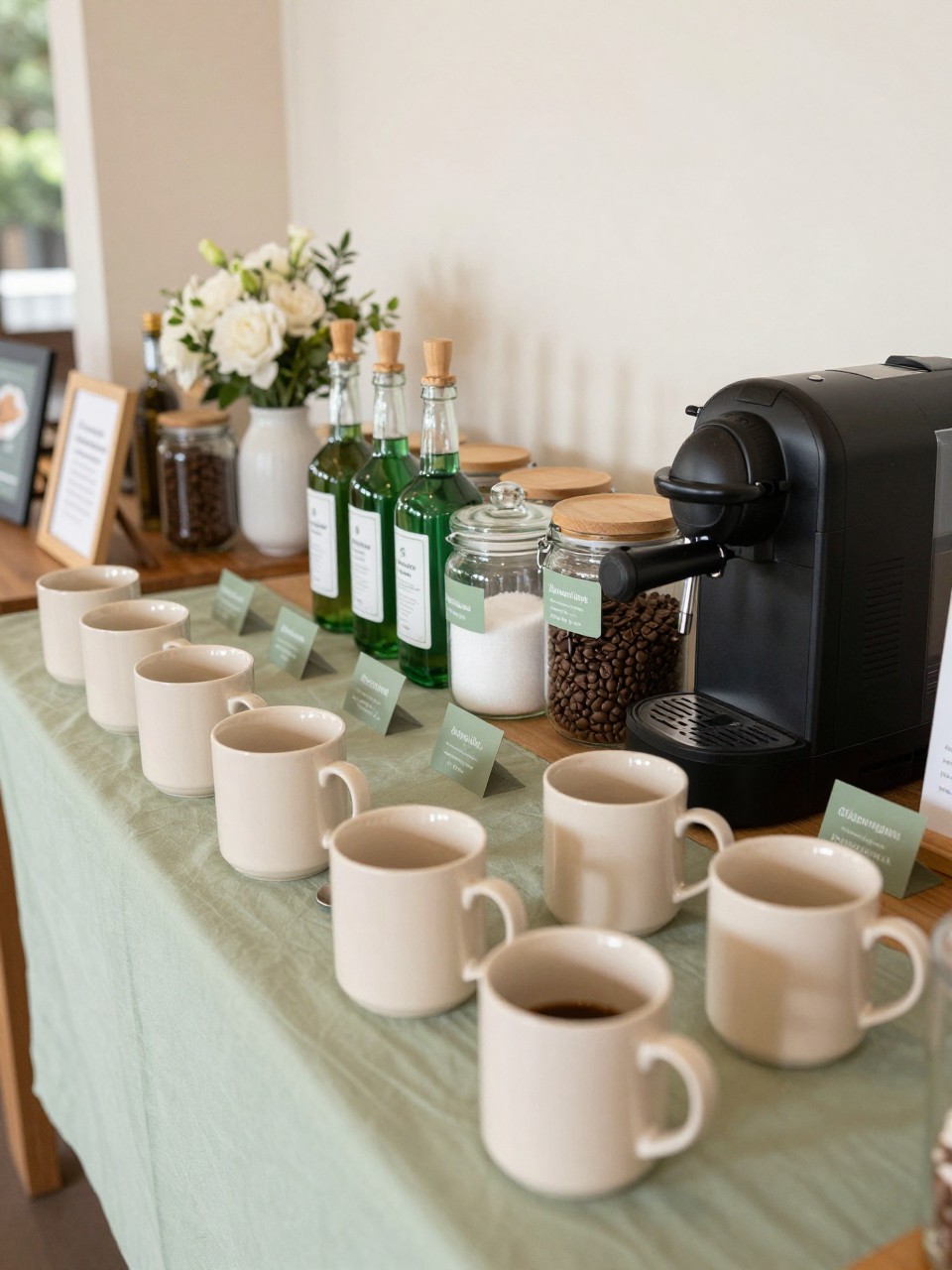 A realistic DSLR photo of a color-themed party coffee bar in soft sage green and cream, sage table runner, cream mugs, green glass syrup bottles, clear jars of sugar and coffee beans, small matching labels, compact coffee machine, low white flowers, warm natural daylight, polished home party decor, no people.
